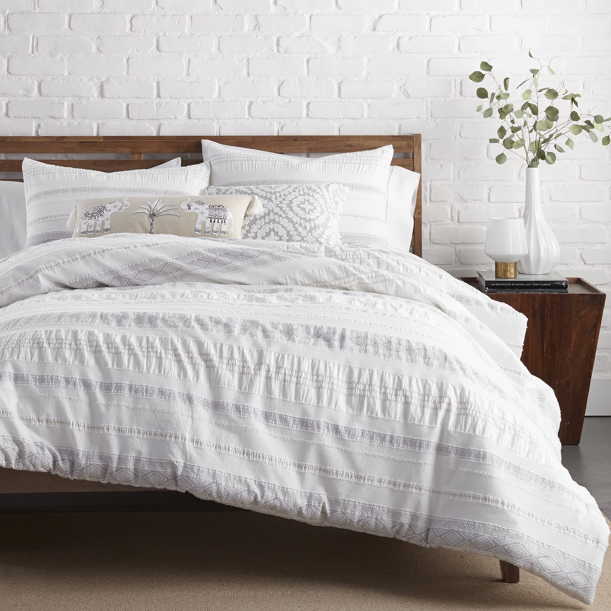 Levtex home - Pickford 掛け布団カバーセット - フル/クイーン掛け布団カバー+ 2つの標準枕カバー- グレー、トープ、オフホワイト - ジャカード部 - 掛け布団カバー(90 x 94インチ)と枕カバー(26 x 20インチ)- コットン