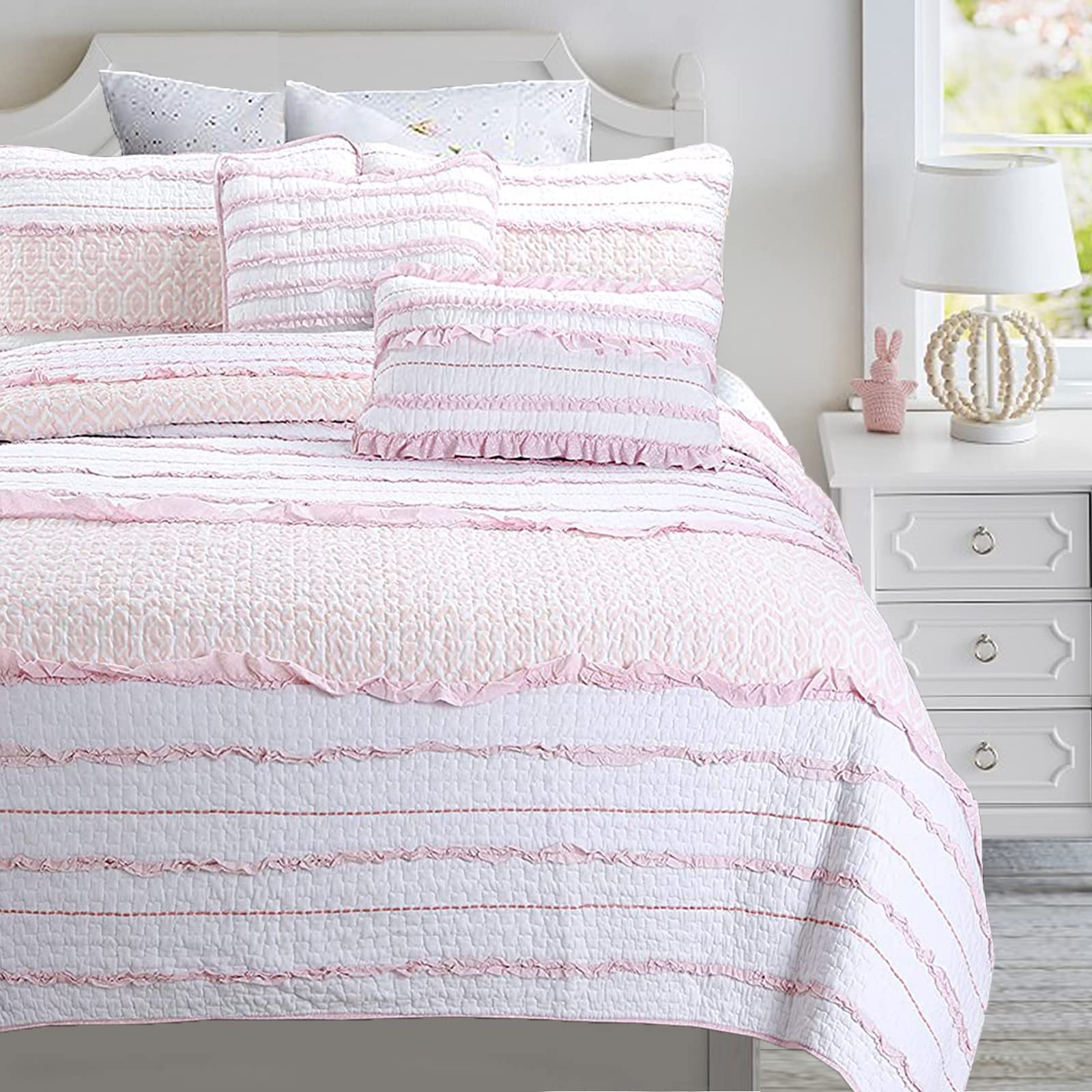 Cozy Line Home Fashions サクラ色 御姫様 ラッフル 100%綿織物 リヴァーシブル 寝具 キルト仕掛ける (サクラ色御姫様 盛りだくさん/統治女王 - 3点)