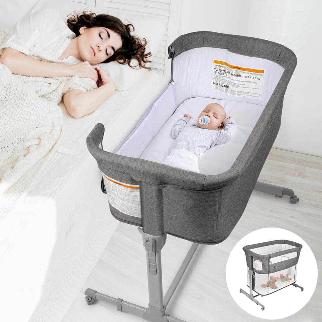 3 インチ 1 Baby Bassinet  Bedside Sleeper for Baby  Playpen  Easy Folding Portable Crib (Grey)- KoolaBaby