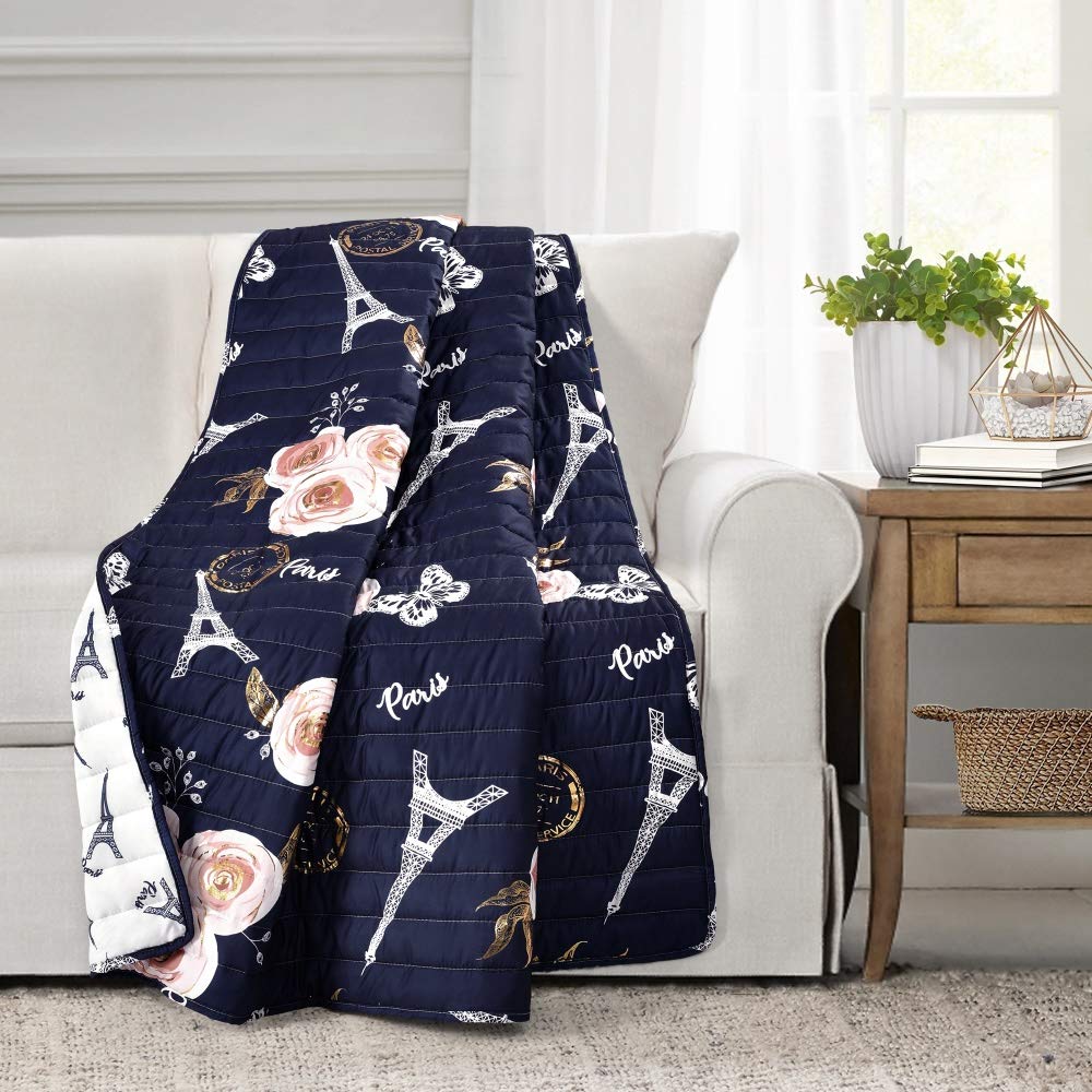 Vintage Paris Rose Butterfly Script Throw Navy Single 50X60