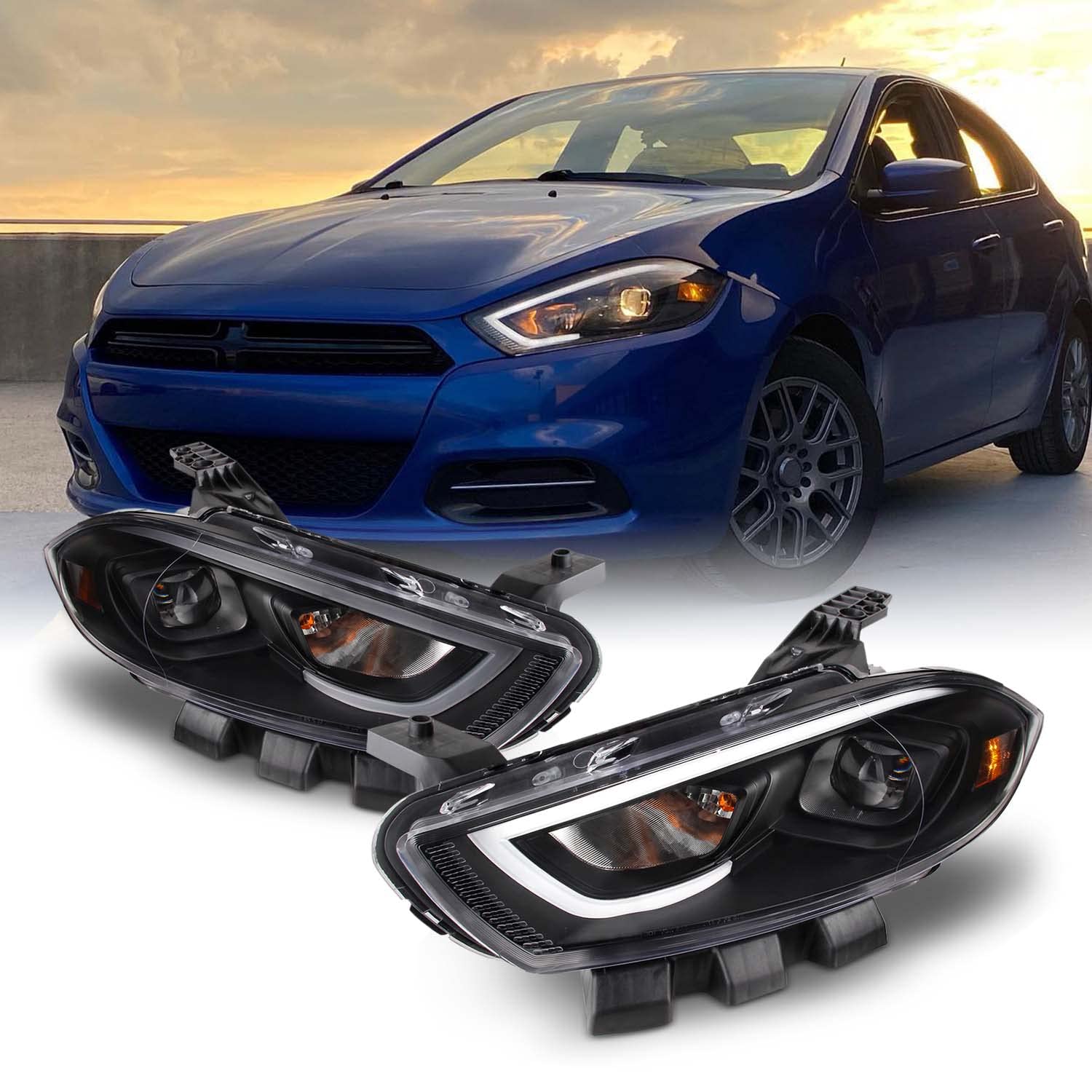 AKKON - 2013-2016 Dodge Dart LED点火装置熱電子管DRL + プレミアムプロジェクターヘッドライトブラックペアハウジング