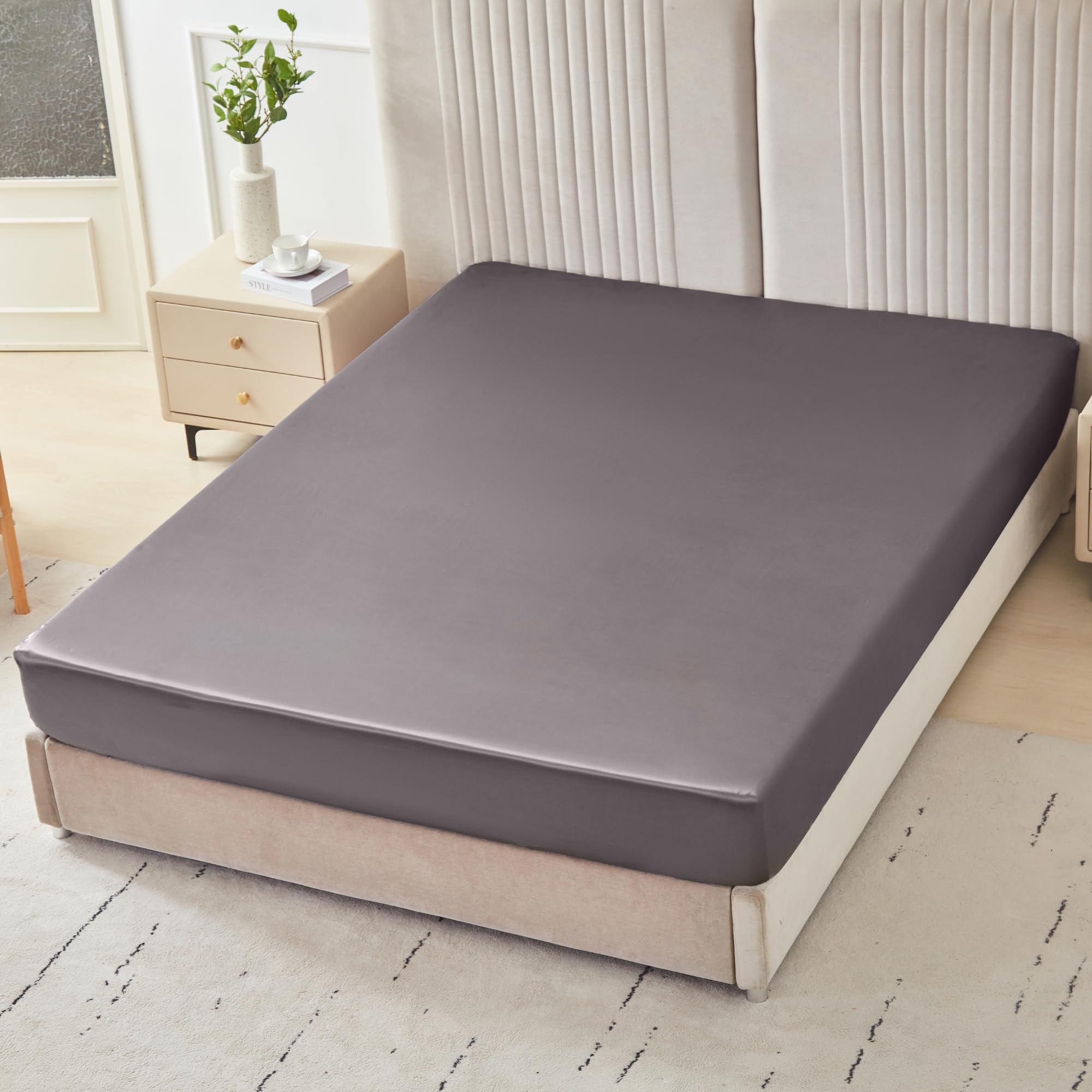 マルベリーパークシルク - 晴れ晴れしい 22匁 100%ピュアマルベリーシャルムーズ生まれながら寝具 - エコテックス公証 Twin X-Long Fitted Sheet (15 Pocket) 薄墨色