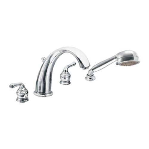 Moen t956st Monticello 2ハンドル高円弧ローマンタブ蛇口には手シャワー、Satine