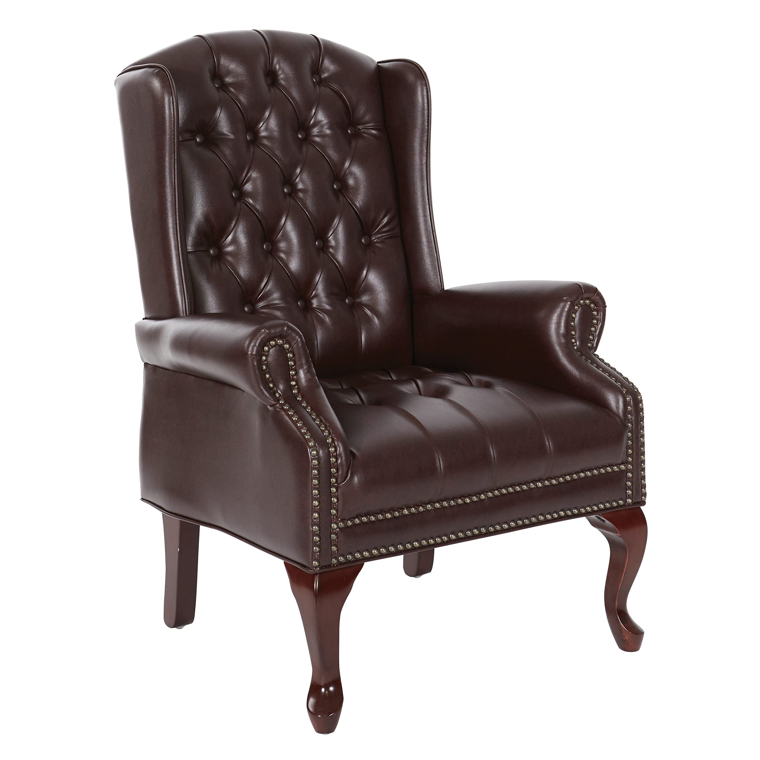 Office Star Thick Padded Vinyl Tufted High Back Traditional Queen Anne Style Chair with Nailhead Accents and Mahogany Finish Legs Jamestown