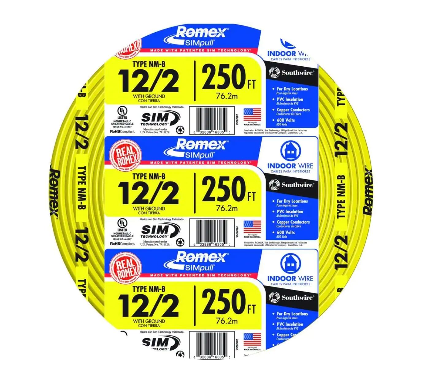 Southwire 28828221 12/2WG NMBワイヤー 25フィート 12 AWG イエロー 28828255 1