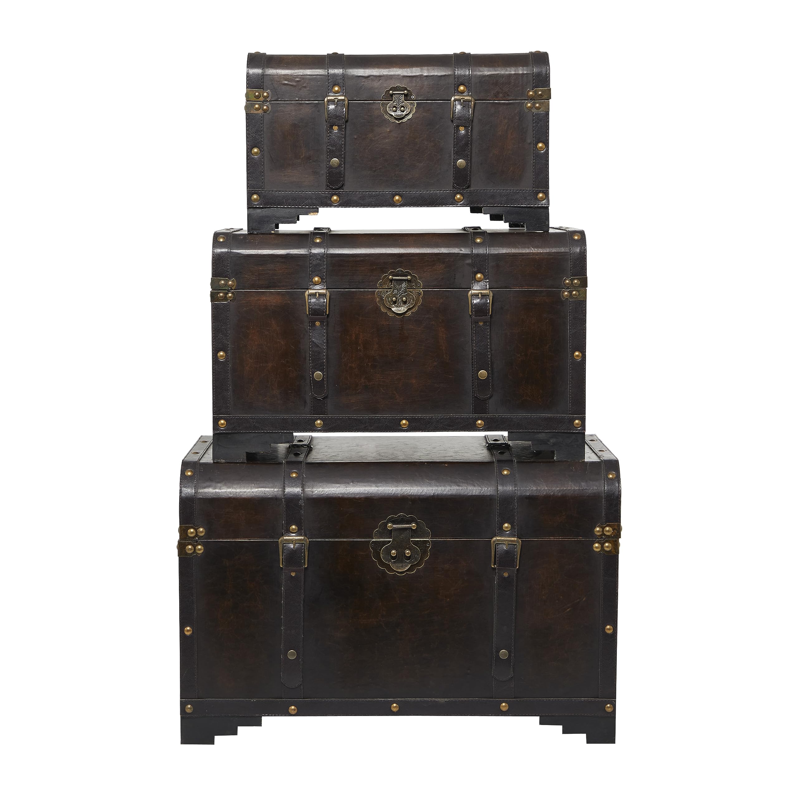 Deco 79 Wood Usable Leather Trunk  Brown  Set of 3 141［並行輸入］