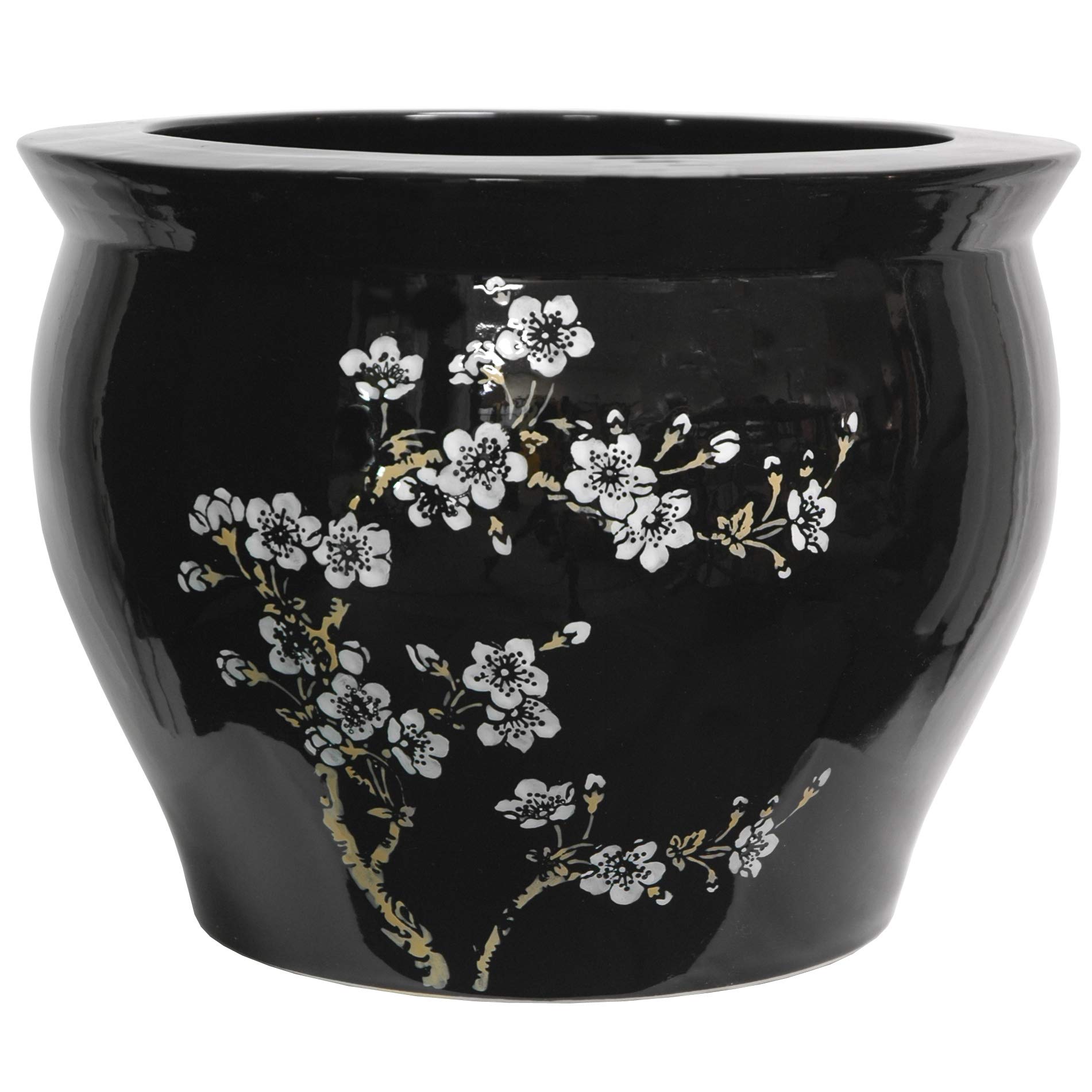 クラシック日本中国アジアセラミックプランター ? 14 Plum Blossoms onブラック磁器陶器金魚鉢Jardiniere by Oriental家具