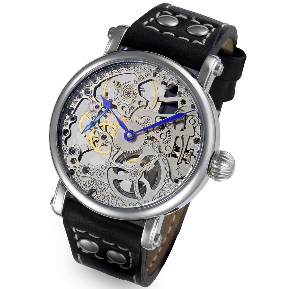 Rougois Mechanique シルバースケルトンウォッチ レザーブラックリベットバンド スケルトン腕時計、機械式。