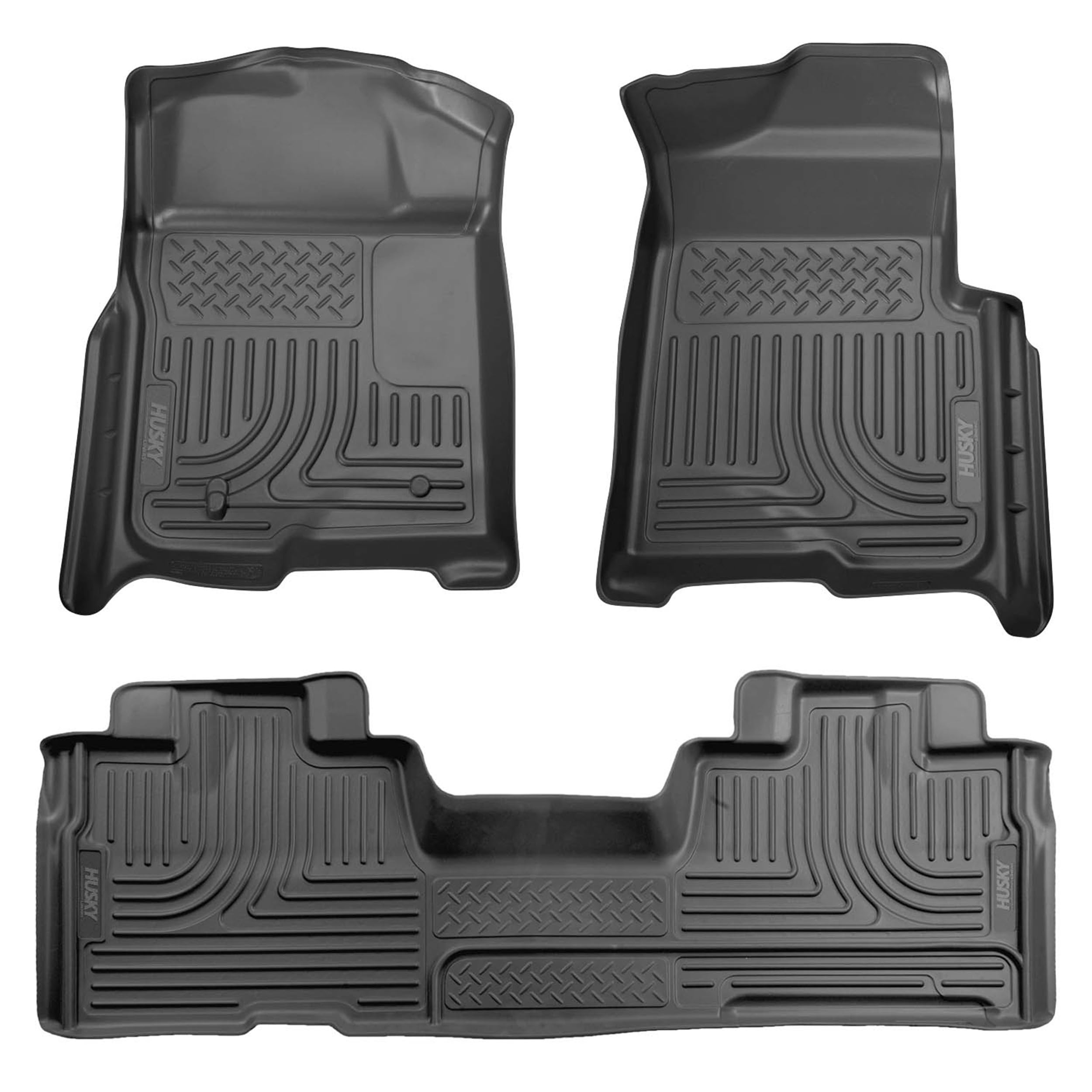 Husky Liners Weatherbeater 立ち会い場つや消し | 2009-2014 ジェラルド・r・フォード F-150 スーパーキャブ マニュアルシフターなし (フットウェルカバレッジ) | 向こう正面\u00262列目、3枚 黒いこと - 98341