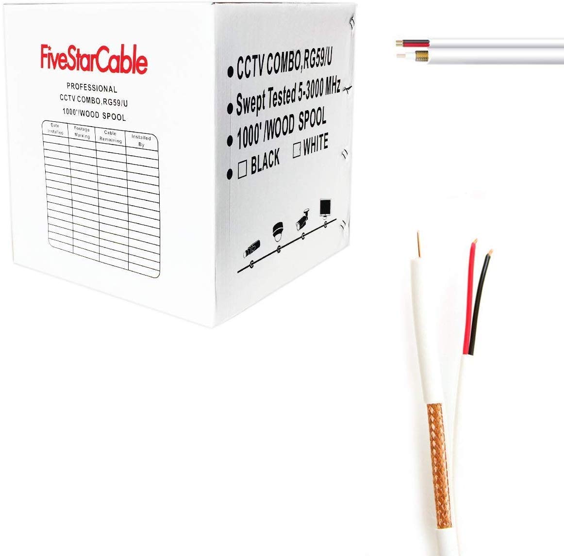 Five Star Cable UL Litsted RG59 シャム 1000フィート 同軸CCTVケーブル コンボ 20 AWG RG59 + 18/2 18AWG電源