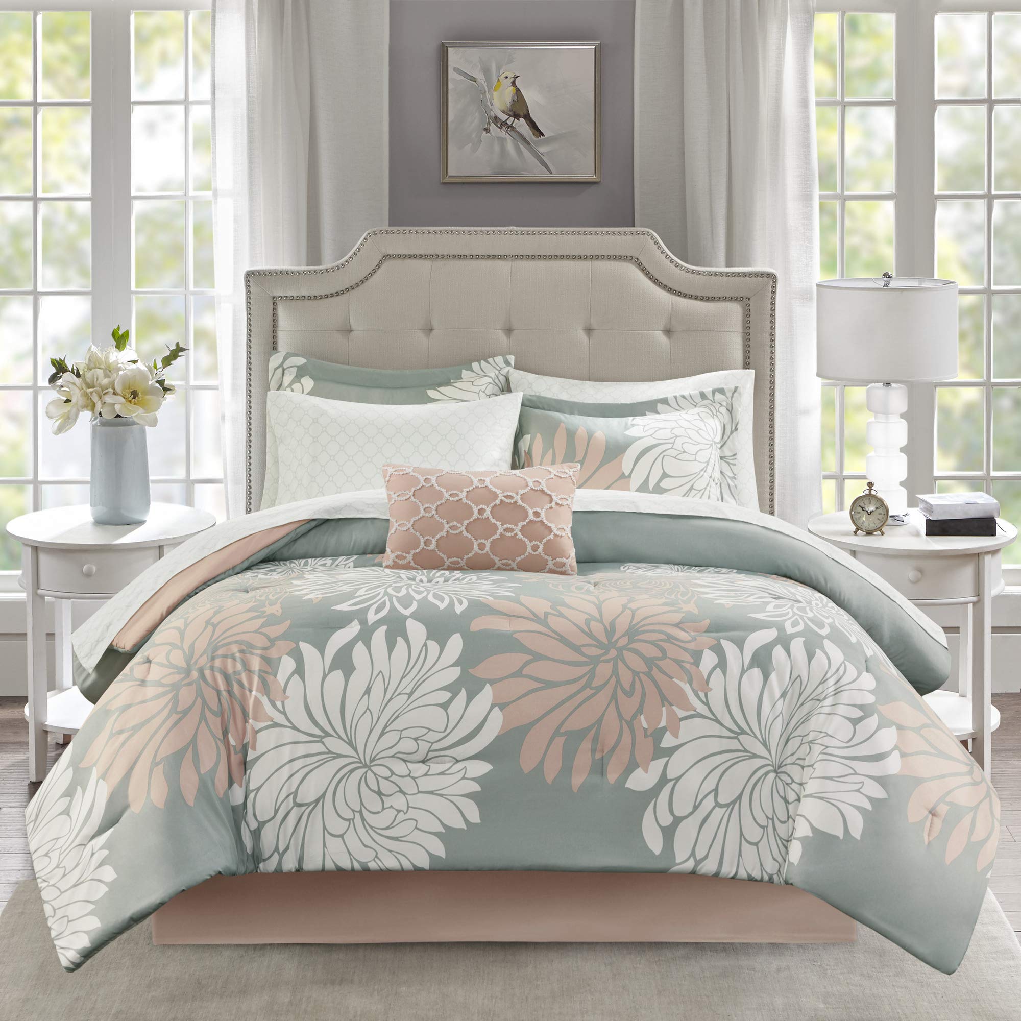 Madison Park Essentials Maible Cozy ベッド・イン・ア・バッグ・掛け布団 コンプリートコットンシーツセット - フローラルメダリオンダマスクデザイン オール時節覆いかぶせる かざり付ける枕 第一人者(104x92in) 毛はらい/薄墨色