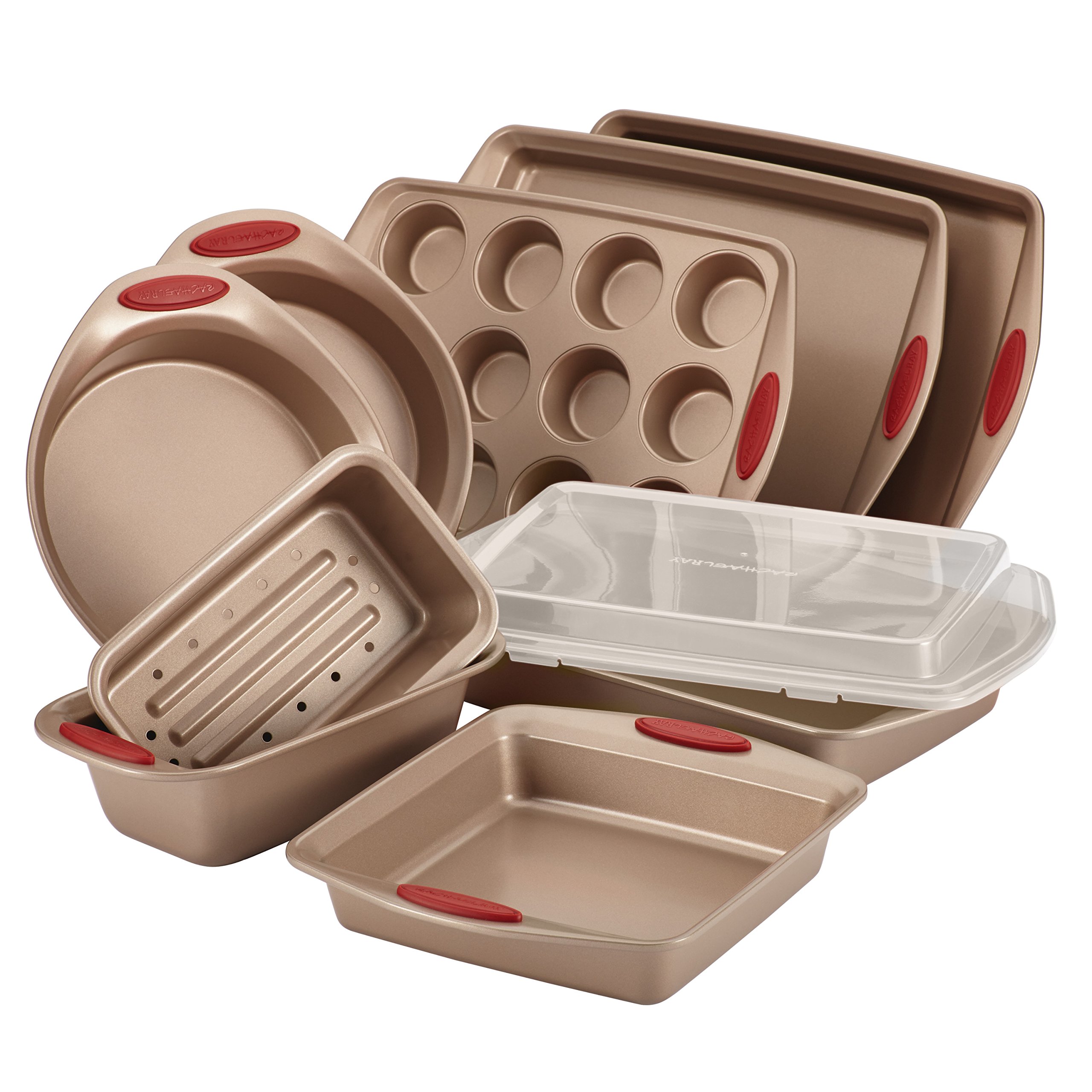 Rachael Ray 10-Piece Cucina Nonstick Bakeware Set Latte Brown with Cranberry Red Handle by Rachael Ray
