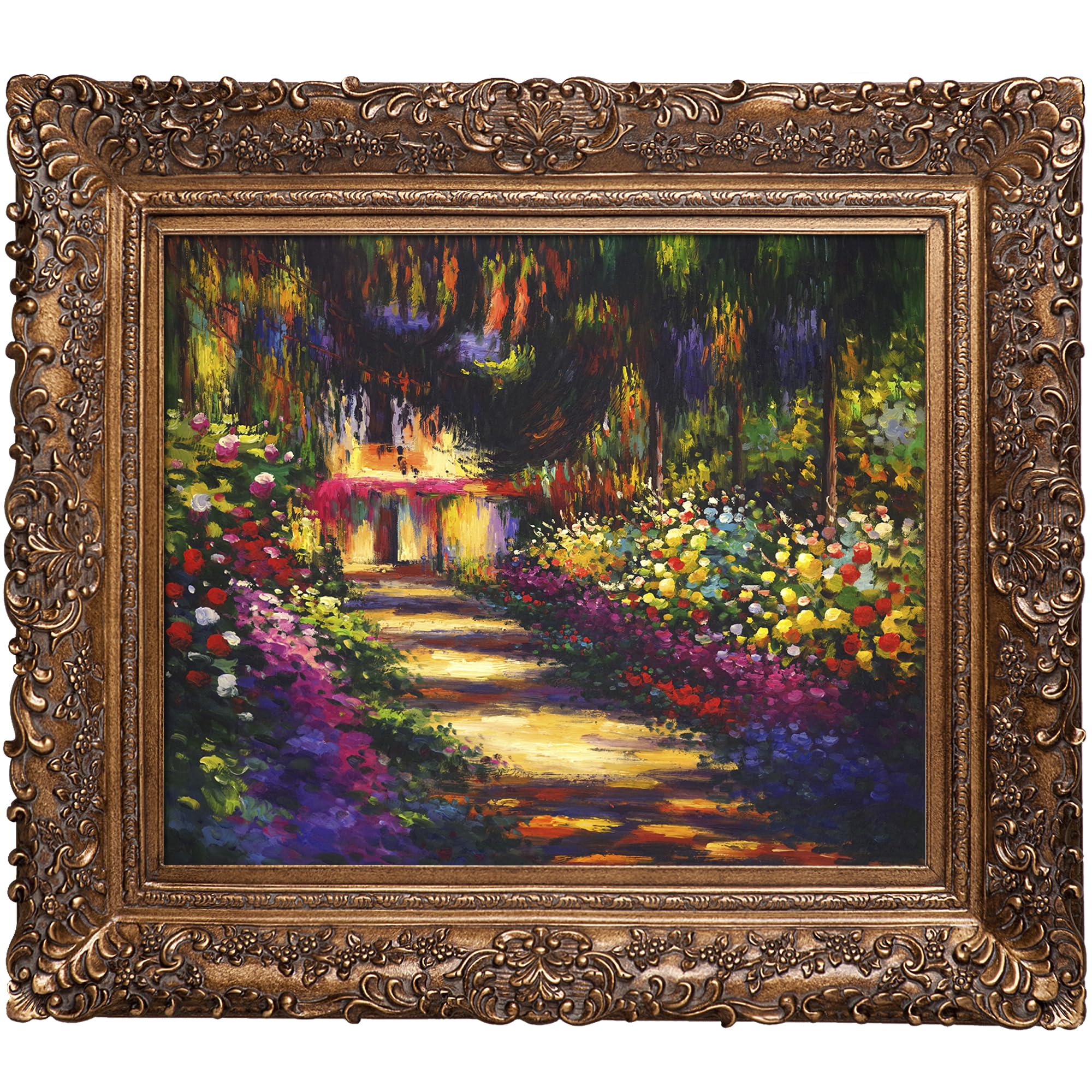 overstockArt モネの庭の道 ジヴェルニーとバージョンゴールドフレーム油彩画、85.13cm x 74.93cm、マルチカラー｜global研究所