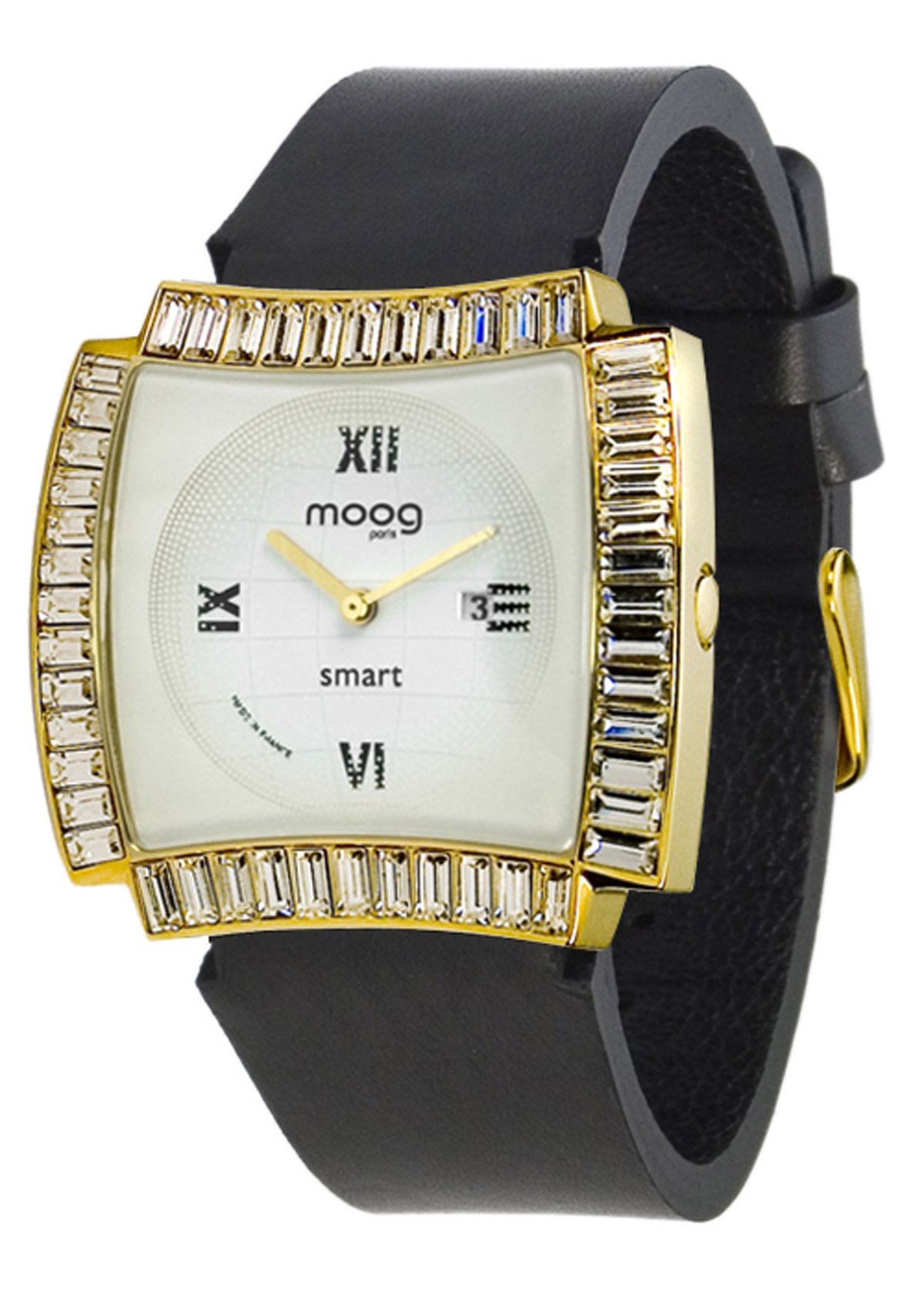 Moogパリ ? Smart ? レディースウォッチホワイトダイヤルでストラップ、ブラックGenuine Calfレザー、Made in France ? m45092 ? 103