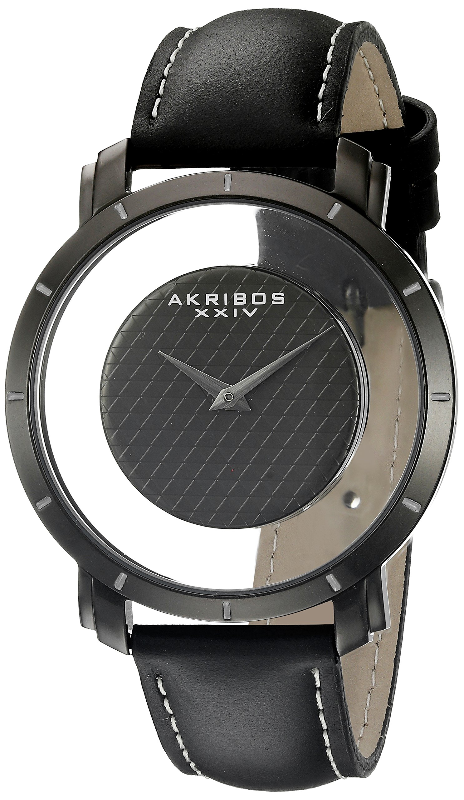 Akribos XXIV Men \u0027s ak856bkラウンド黒いことand See Thru Dialクオーツブラックストラップウォッチ