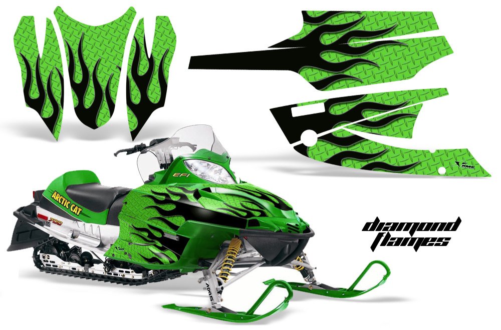 AMR Racing スノーモービルグラフィックキット ステッカー デカール Arctic Cat Firecat 2003-2006相応う 金剛石ひな形 黒いこと 緑であること