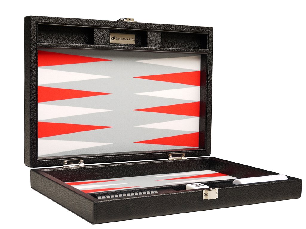 13-inch Premium Backgammon Set - Travel Size - Black Board  White and Scarlet Red Points