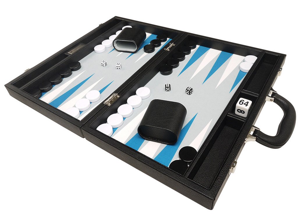 16-inch Premium Backgammon Set - Medium Size - Black Board White and Astral Blue Points