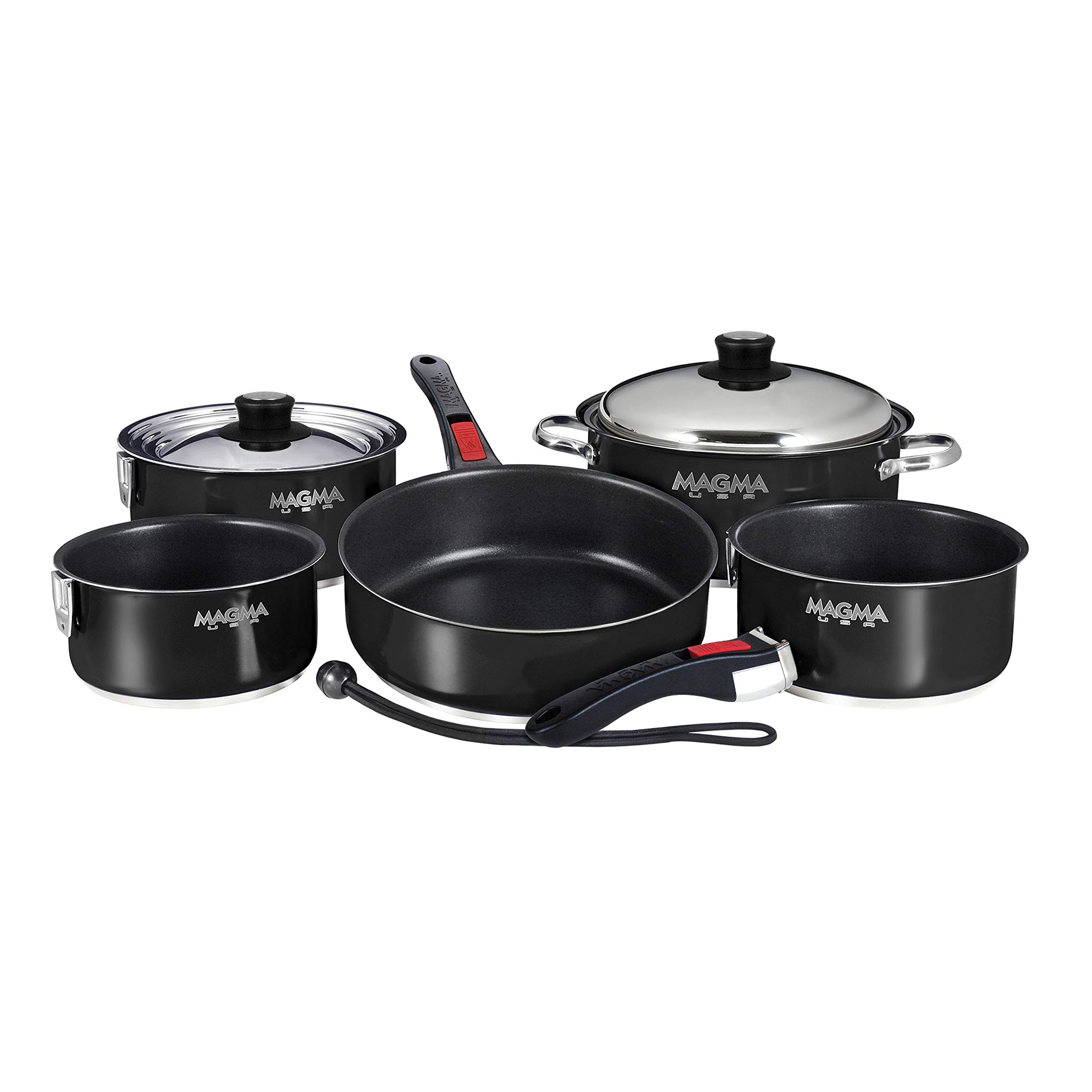 Magma (マグマ) グルメネスティング ステンレススチール 調理器具セット 10点セット セラミカ製 くっつかない IH対応 オーブン対応 華氏500度まで - すべてのコンロに対応 取り外し可能なハンドル ジェットブラック