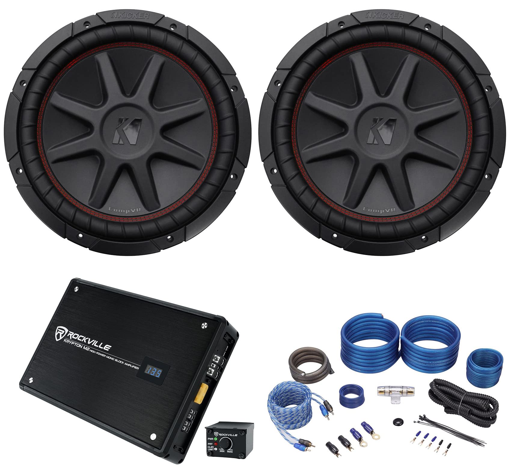 (2) Kicker 43CVR124 COMPVR 800ワット 12in 4オーム DVC カーステレオサブバンドル Rockville RWK41 4ゲージ コンプリートカーアンプ導線一揃いの道具とクリプトンM2 3000ワットまっ盛り/750W RMS 1オームカーオーディオアンプ (4科目)