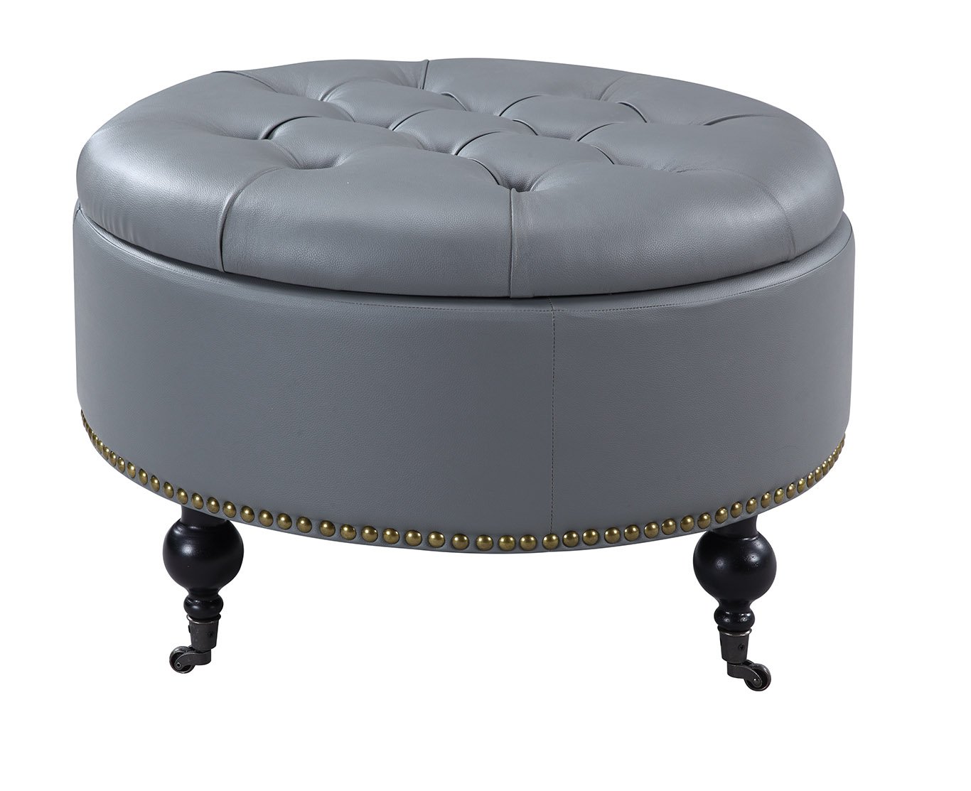 Iconic Home Mona Modern Tufted Gold Nail Head Trim Grey Faux Leather Round Storage Ottoman 141［並行輸入］｜global研究所