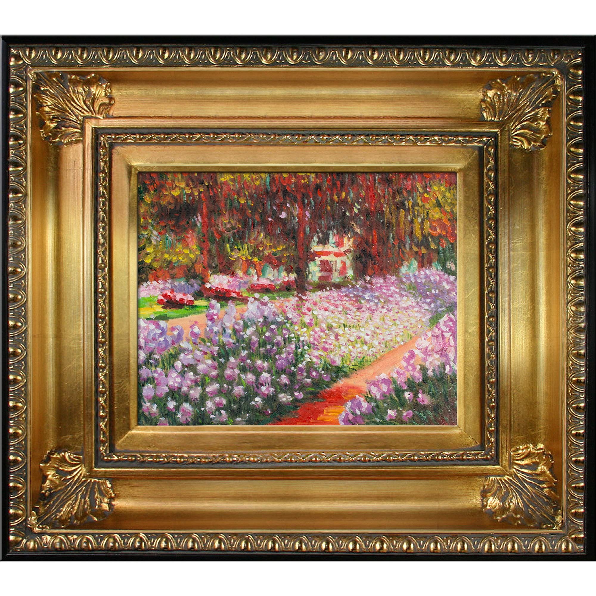 OverstockArt Artist's Garden at Giverny by Claude Monet 手描き油彩キャンバス地リージェンシーゴールドフレーム、長さ16.5インチ x 幅18.5インチ x 高さ2インチ マルチ