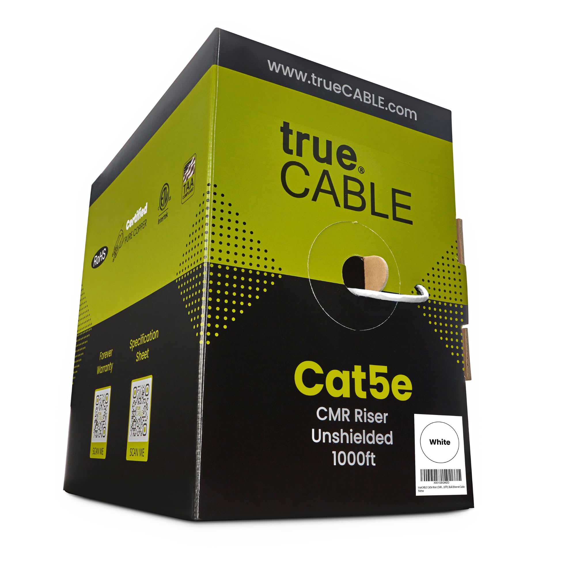 trueCABLE Cat5e ライザー (CMR) 1000フィート ホワイト 24AWG 4ペア ソリッド裸銅 350MHz PoE++ (4PPoE) ETL認証 シールドなしツイストペア (UTP) バルクイーサネットケーブル