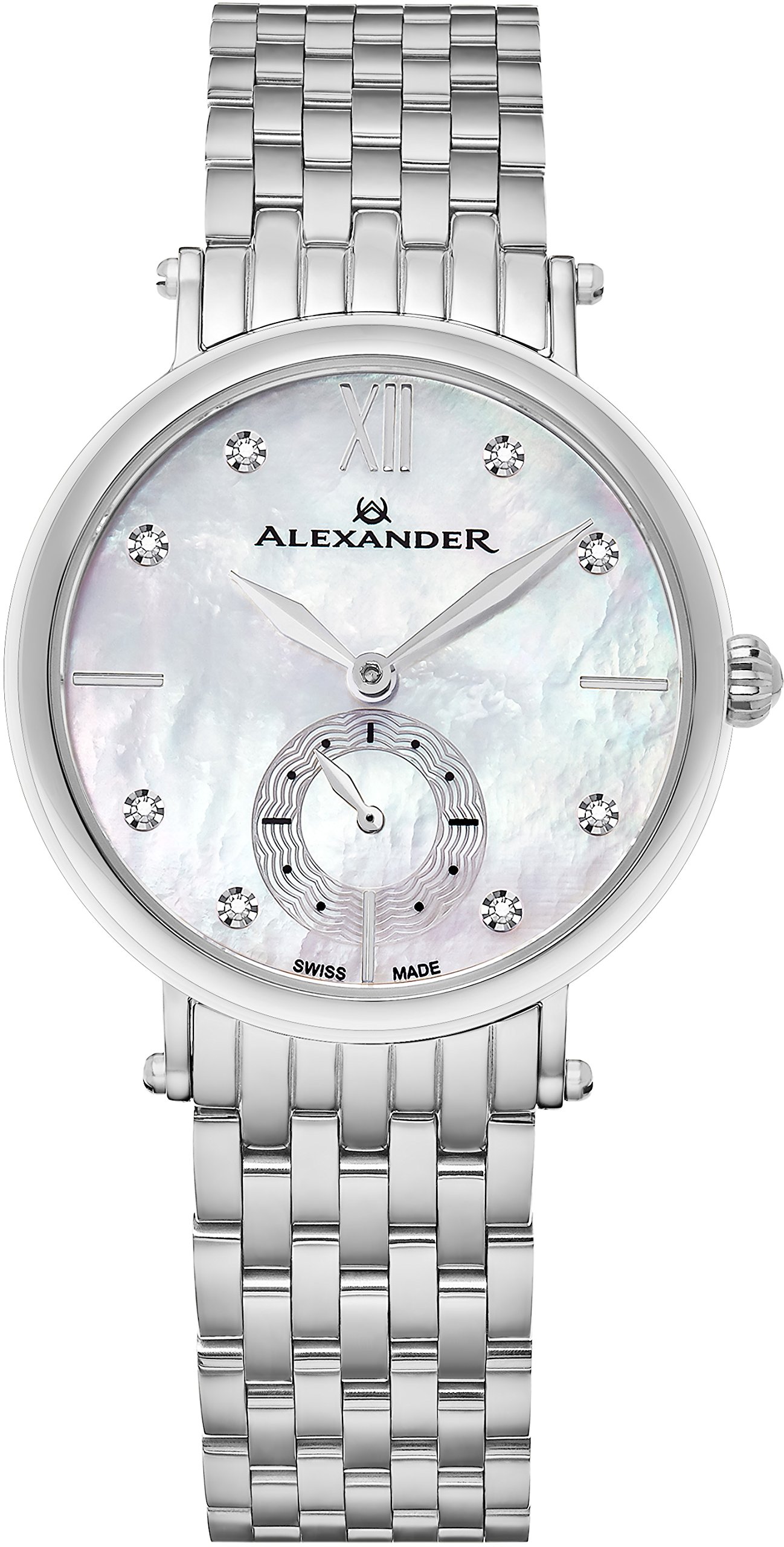 Alexander Monarch Roxana白いこと母のパール金剛石Large Face Watch For Women ? Swiss Quartzステンレススチールシルバーバンドエレガントなレディース流行り物Designer御召しものWatch ad201b-01