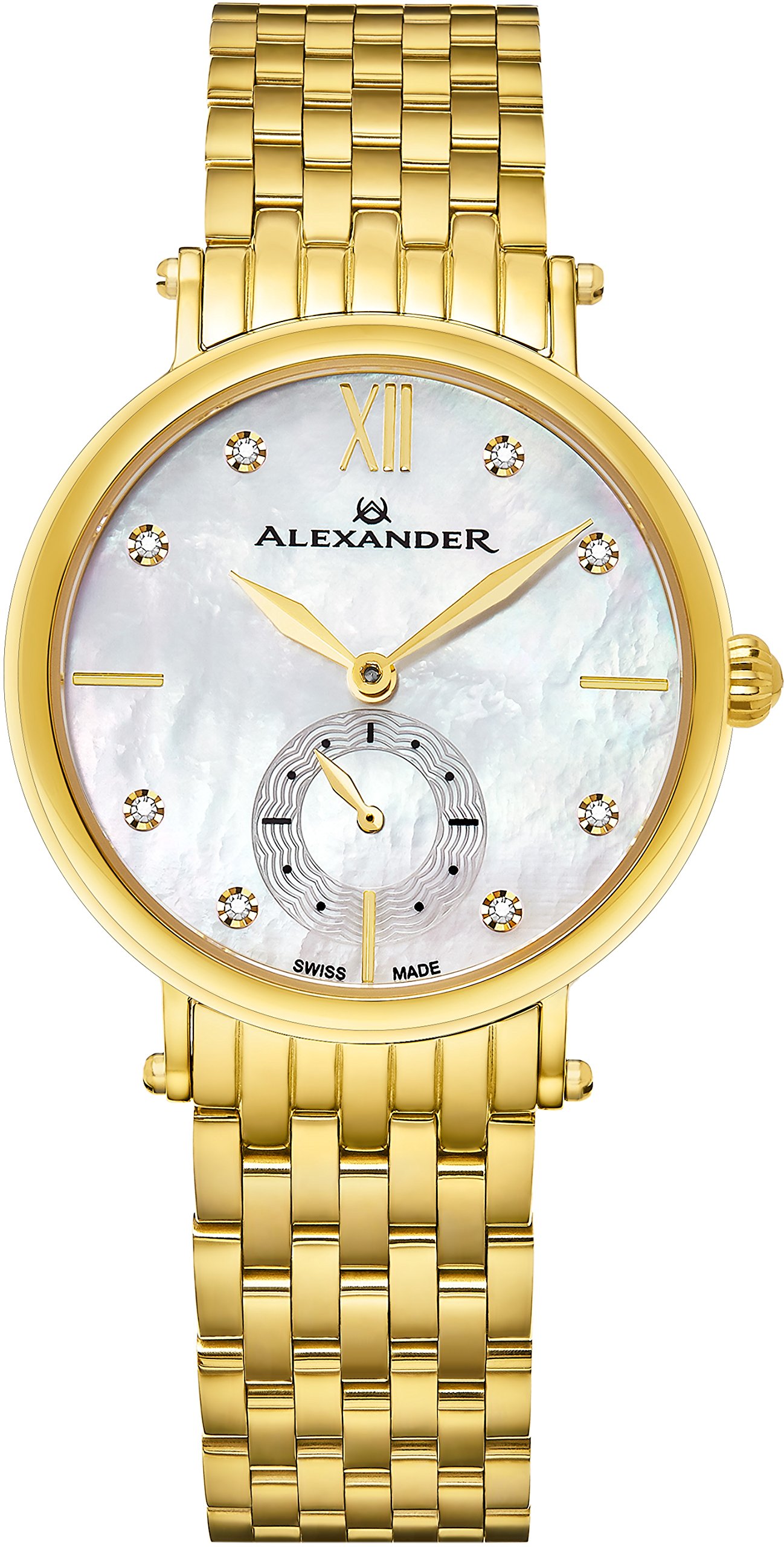 Alexander Monarch Roxana白いこと母のパール金剛石Large FaceステンレススチールメッキイエローゴールドWatch for Women ? スイスクォーツエレガントレディースファッションDesigner御召しものウオッチad201b-02