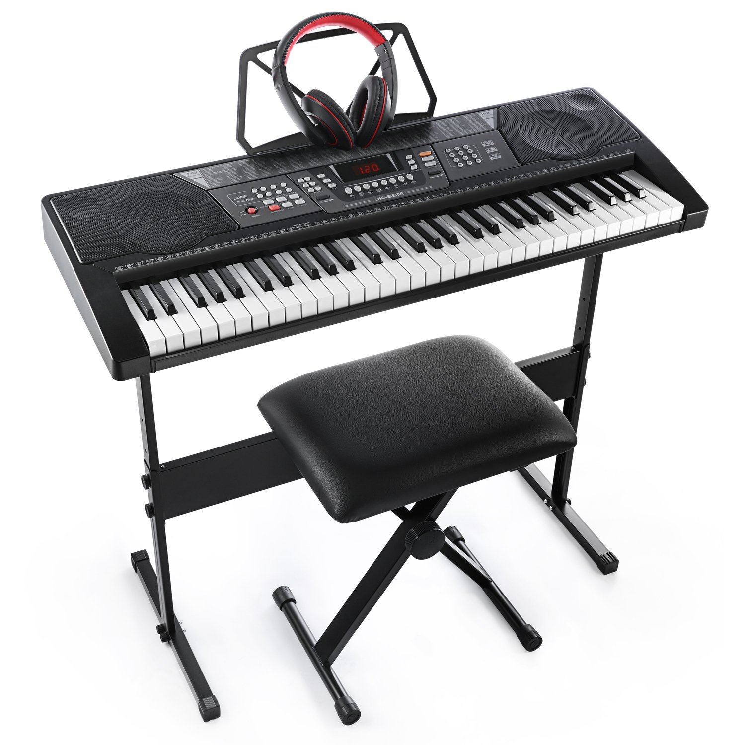 Joy 61-Key Standard Keyboard Kit Including USB Music Player Function Bundle with Headphone Stand Stool Power Supply (JK-66MKit)