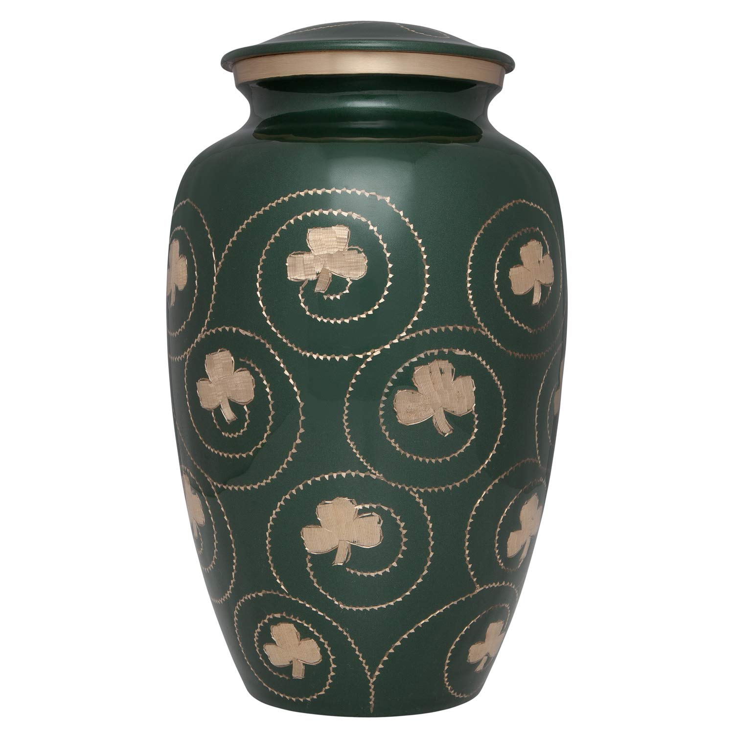Shamrock Cremation Urn - Clover Funeral Urn in Irish Green - Burial Urn for Human Ashes - Detailed Hand Engraving - 100% Brass