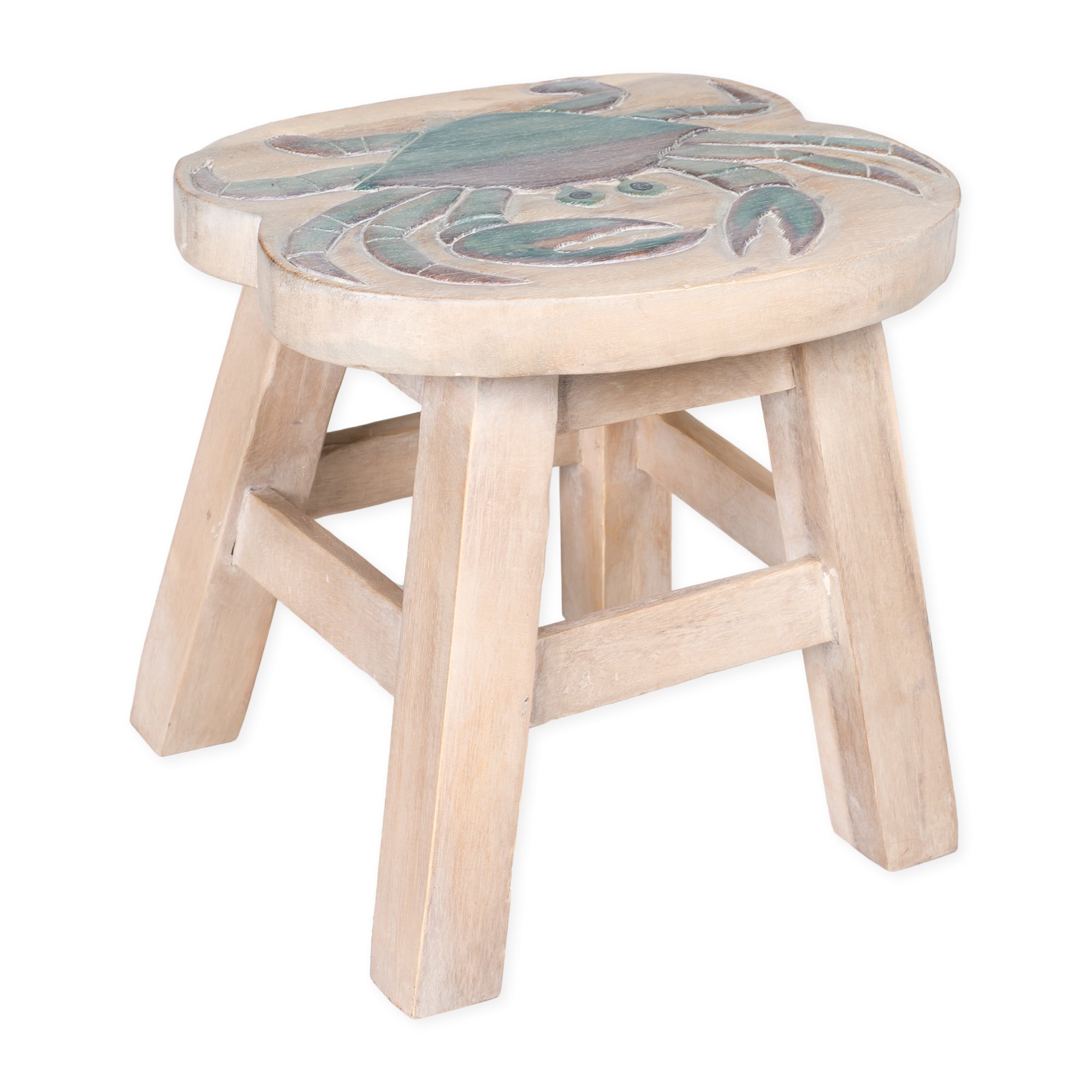 Blue Crab Design Hand Carved Acacia Hardwood Decorative Short Stool 141［並行輸入］