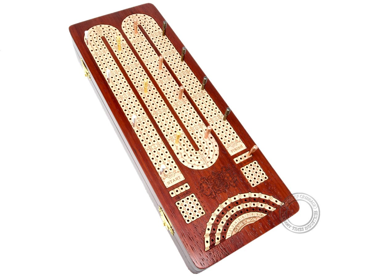 House of Cribbage - 連続クリベッジボード / ブラッドウッドに象嵌 / メープル:4つのトラック スコアマーキングフィールド付き スカンク、コーナー、勝利ゲーム用