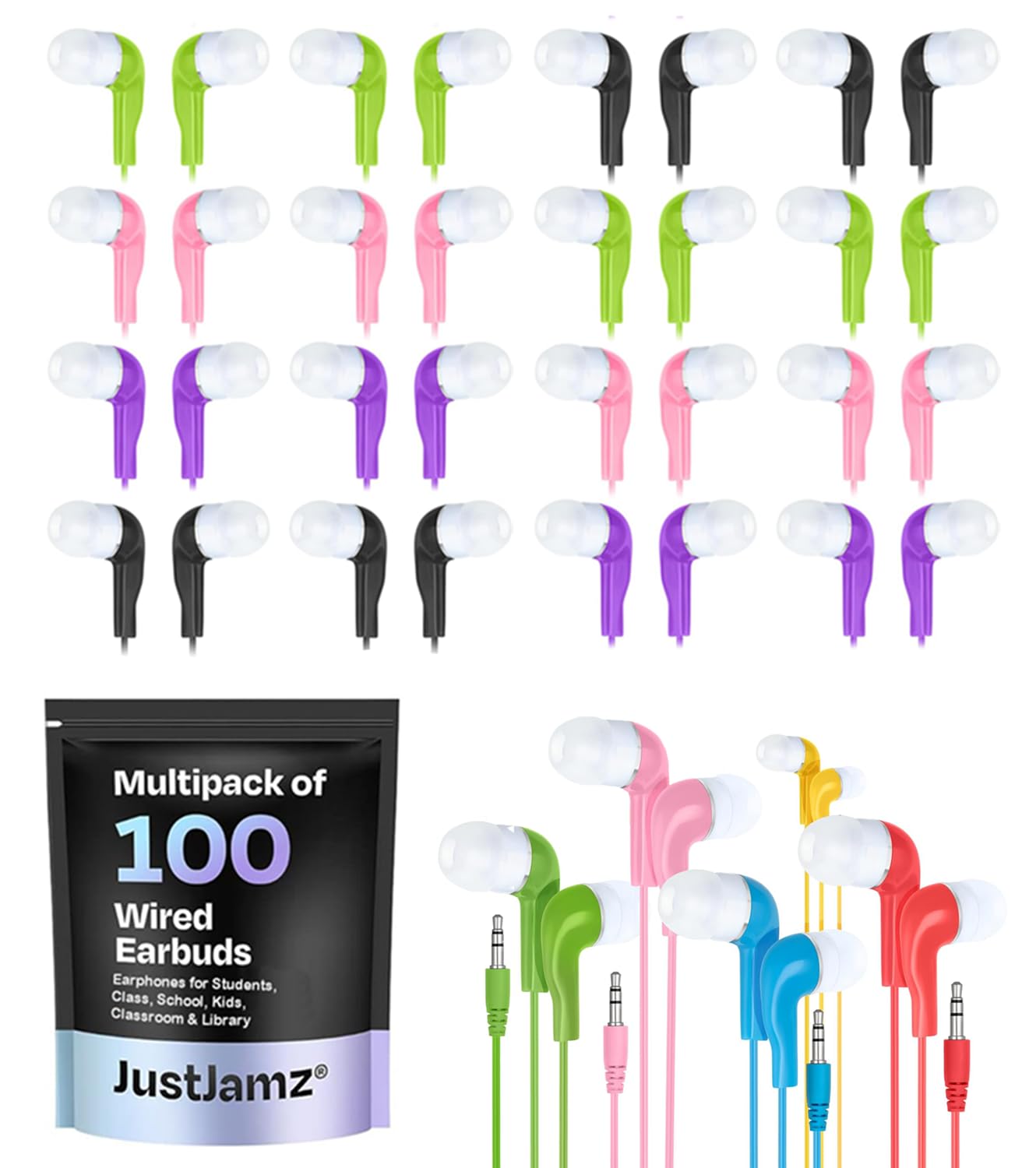 justjamz Kidz Jelly Rollカラフルインナーイヤーイヤホン3.5 MM Stereo Earbud ? 100パック|global研究所