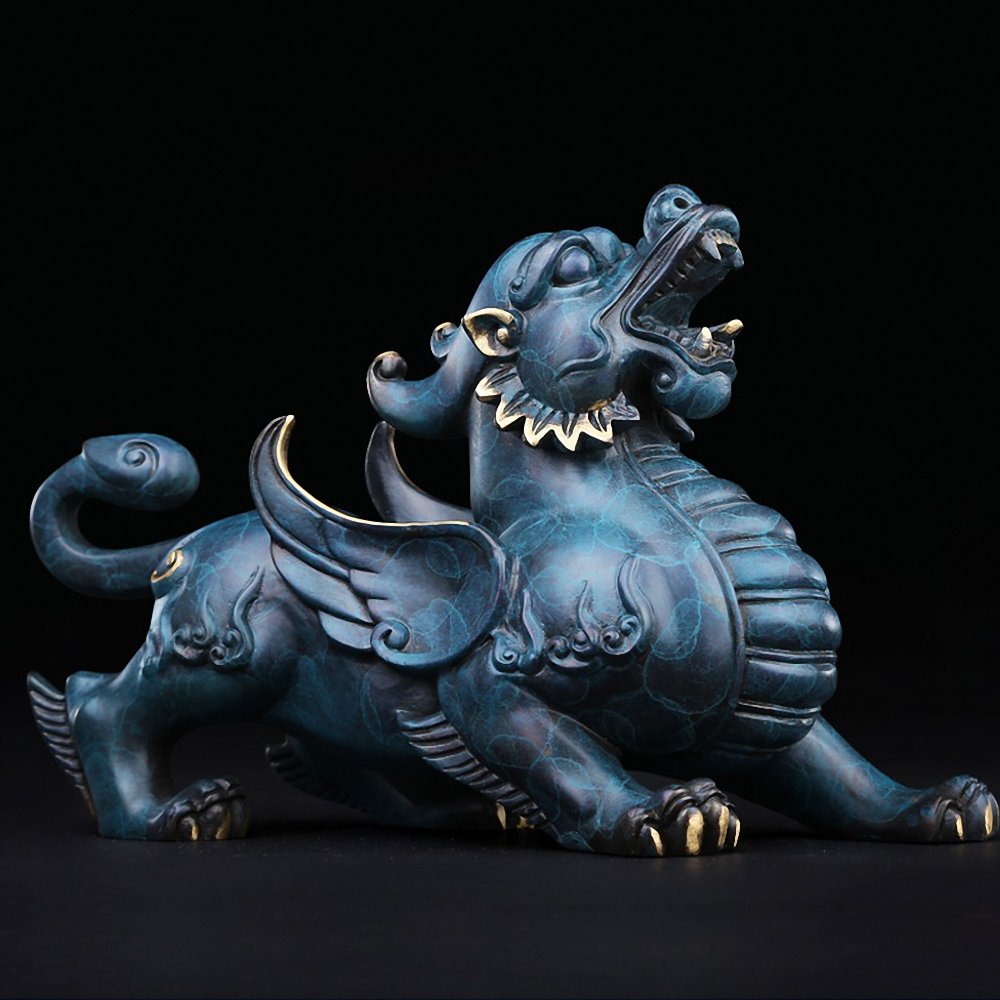 LargeサイズFeng Shui銅Pi Yao / Pi Xiu Wealth Porsperity Statue +無料Prosperity保護セットof 10ラッキーチャーム古代コインon赤文字列、Feng Shui Decor 6.5Lx2.7Wx4.6 ゴールド