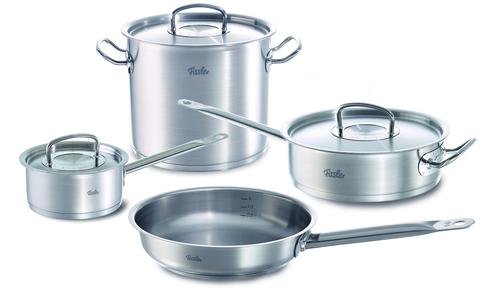 Fissler 一風変わった労働者階級 オリジナルプロファイルステンレススチール膳立て手道具7点仕掛ける - 9.5in フライパン 3.2クオートソテパン 蓋つき9.6クオートストックポット 蓋つき1.5クオートソースパン
