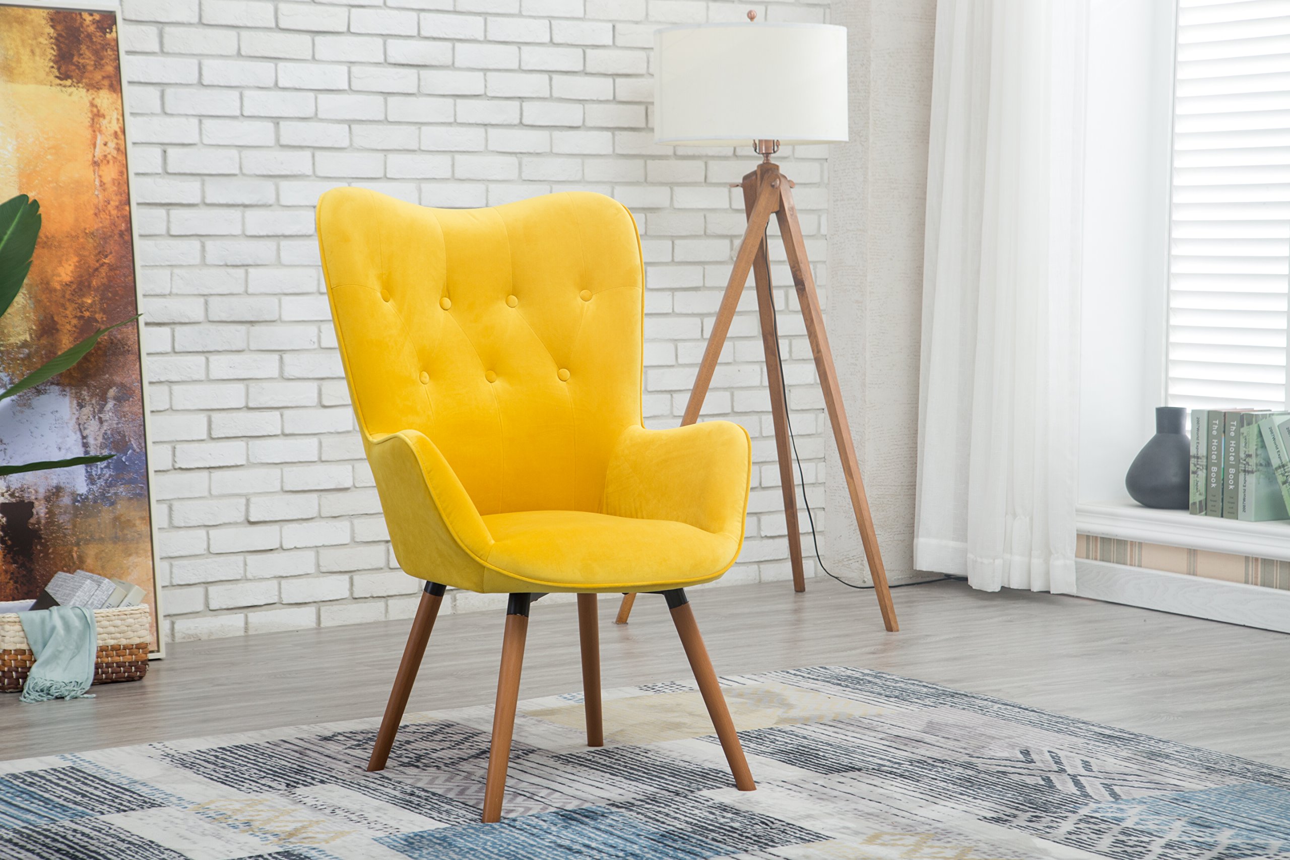Roundhill 家具アクセントチェア、シルク、ベルベット、ポリエステル、イエロー、30D x 41.5W x 26.8H インチ｜global研究所
