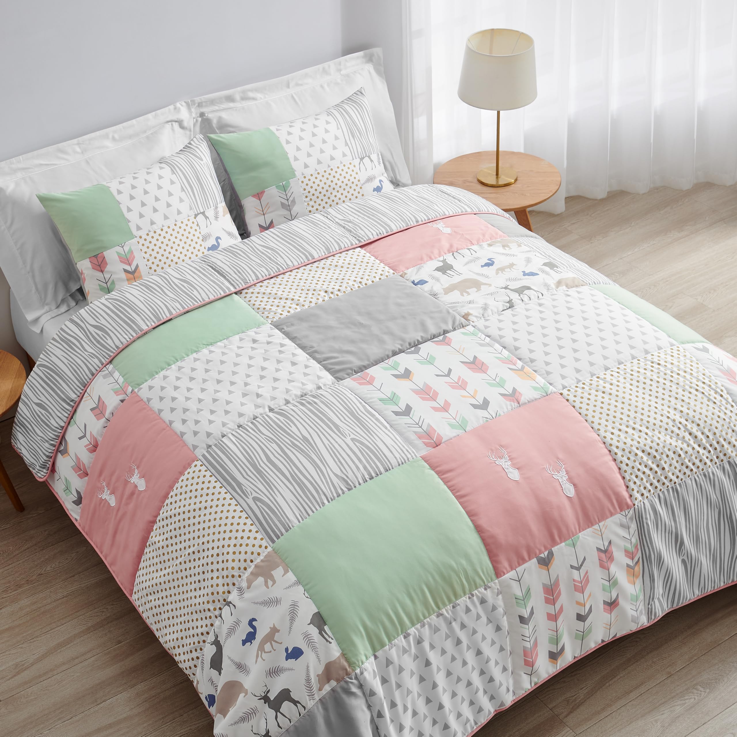 [スウィートジョジョデザイン]Sweet Jojo Designs Coral  Mint and Grey Woodsy Deer 4 Piece Kids Childrens Twin Bedding Set [並行輸入品]