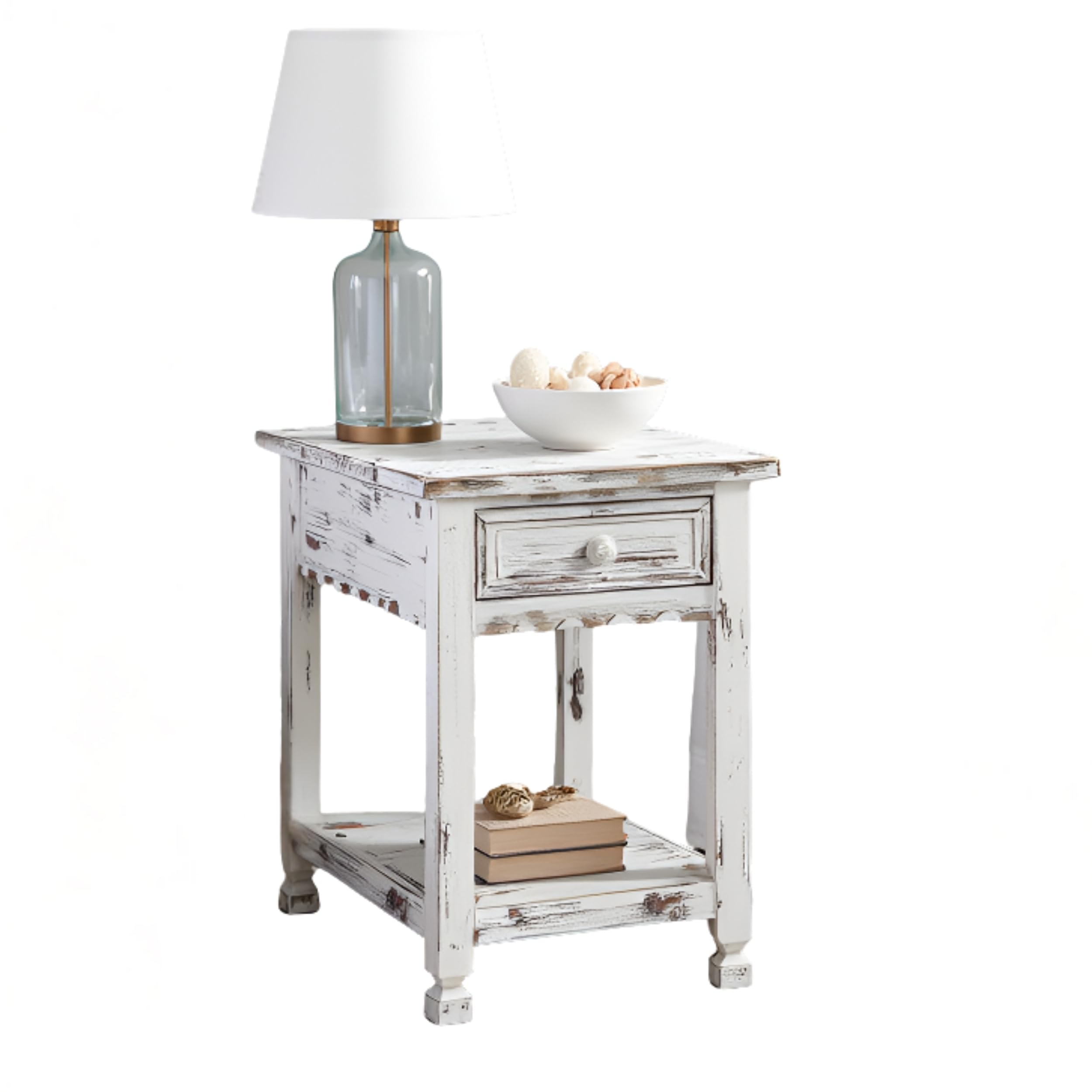 Rustic Cottage Chairside End Table with 1 Drawer and 1 Shelf White Antique 141［並行輸入］｜global研究所