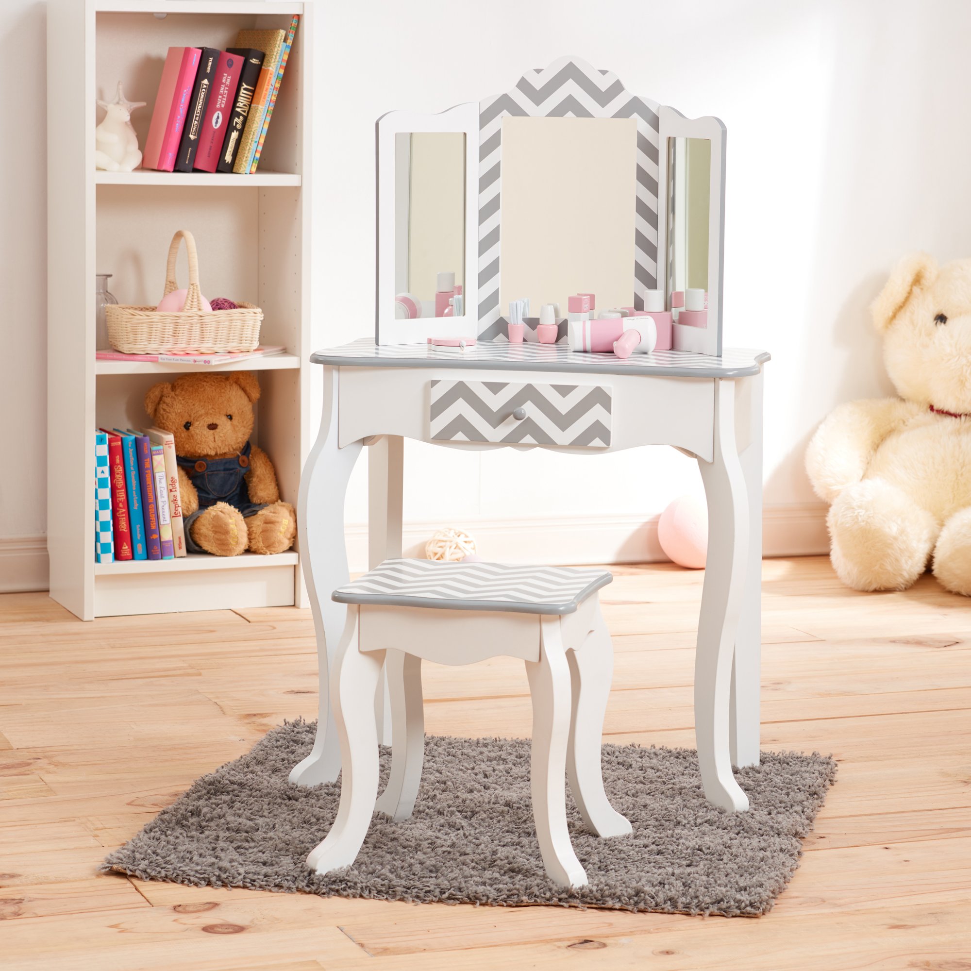 Teamson Kids ? ファッションプリント バニティ木製テーブル\u0026スツールセット ミラー付き ? シェブロン(グレー/ホワイト)