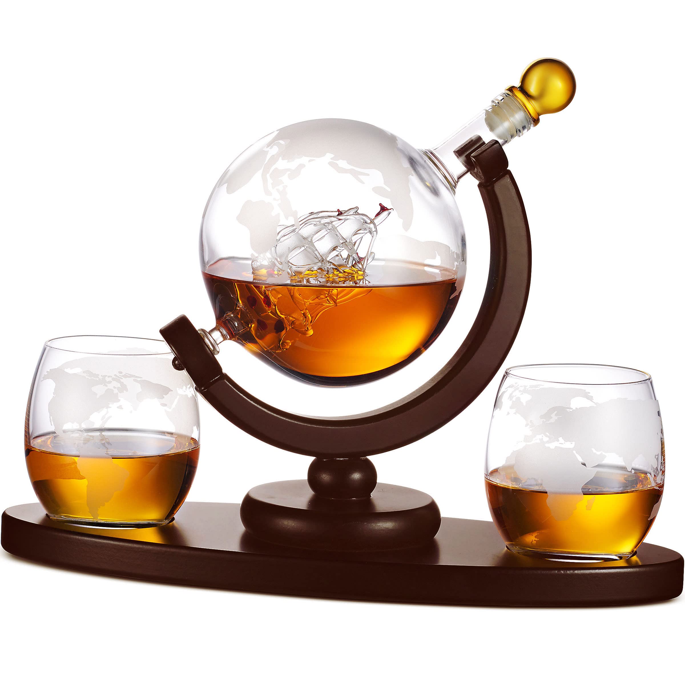 Whiskey decanter globe set with 2 etched globe whisky glasses - for Liquor  Scotch  Bourbon  Vodka and Wine - 850ml