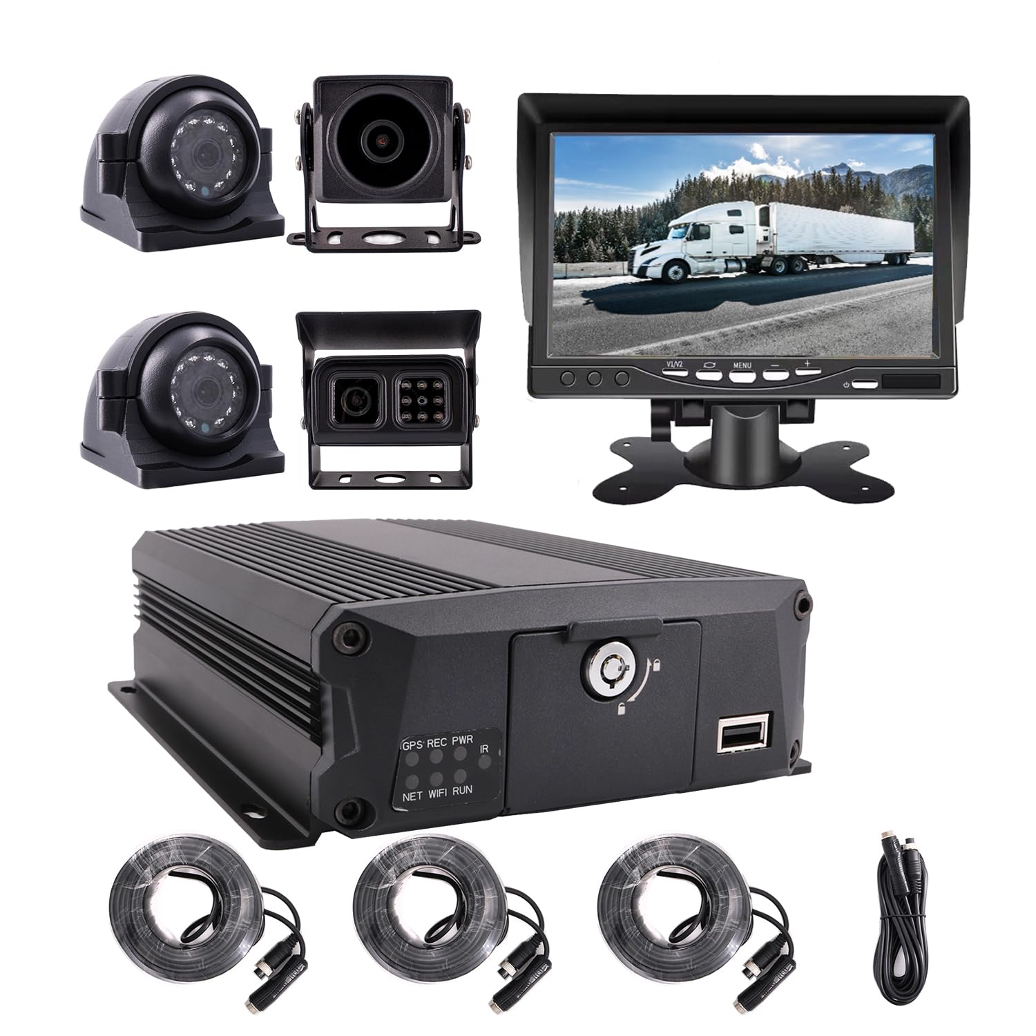 JOINLGO 4チャンネルH.264 2.0MP 1080 P AHDデュアル128ギガバイトSDモバイル車車DVR MDVRビデオレコーダーキットナイトビジョン防水サイドフロントリアビューカーカメラ7インチカーモニター
