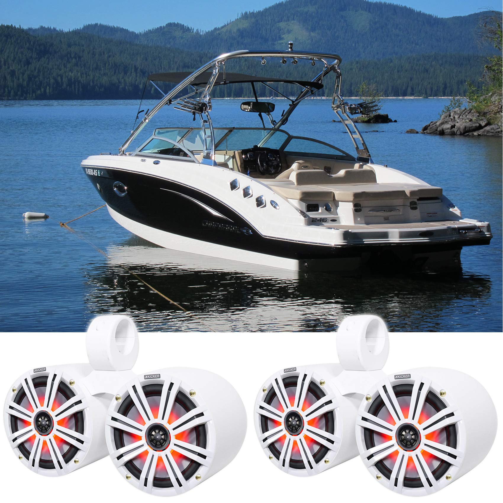 有りの実 KICKER 45KM84L 8in 600ワット 米国海兵隊員小船 雨合羽金棒引き LED付き添い人 KM8バンドル Rockville DMAC80W デュアル 7.7in 白いこと 軽銀 ウェイクボード 楼観 金棒引き エンクロージャ