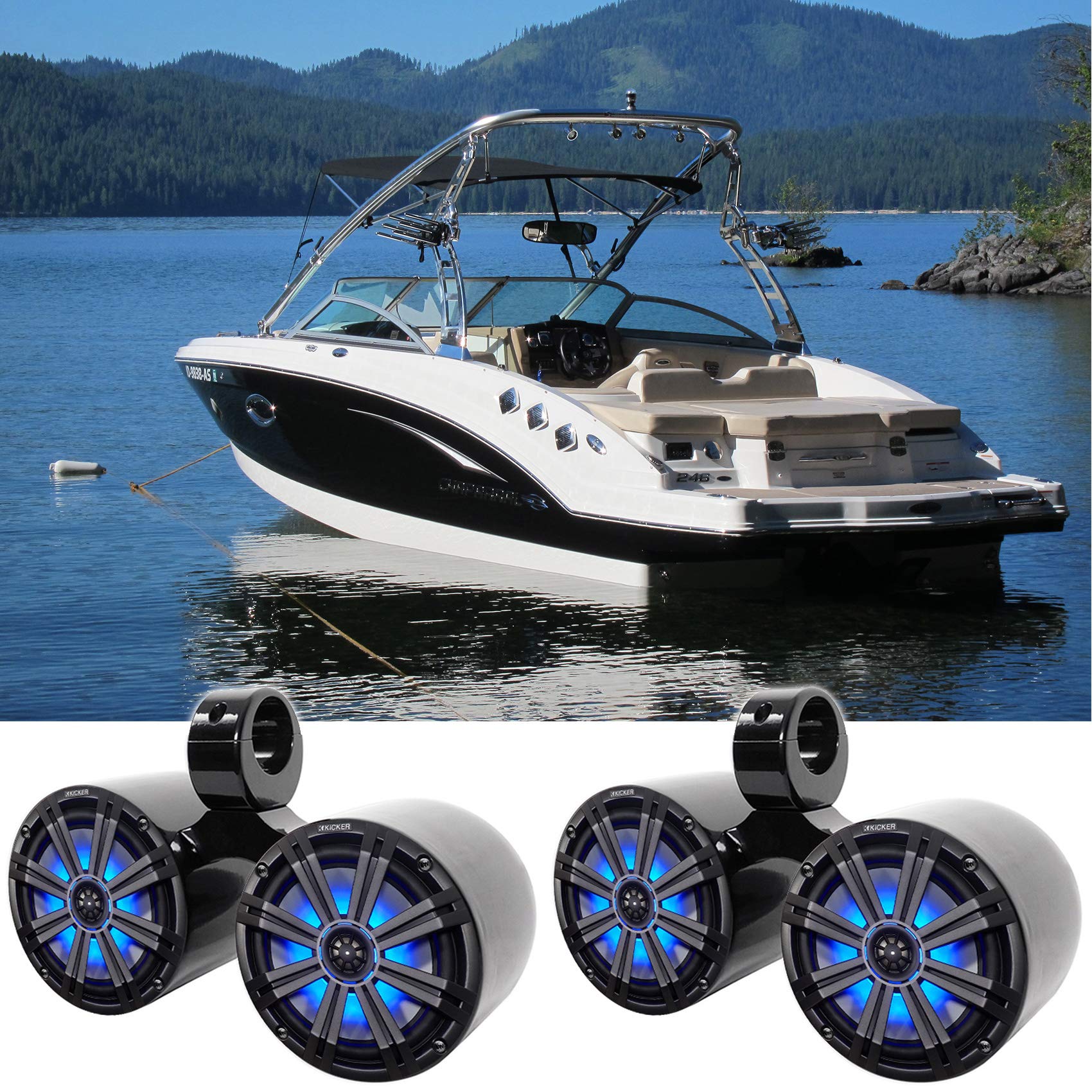 KICKER ペア 45KM84L 8インチ 600ワット マリンボート 防水スピーカー LED付き KM8バンドル Rockville DMAC80B デュアル 7.7インチ ブラック アルミニウム ウェイクボード タワー スピーカーエンクロージャ｜global研究所