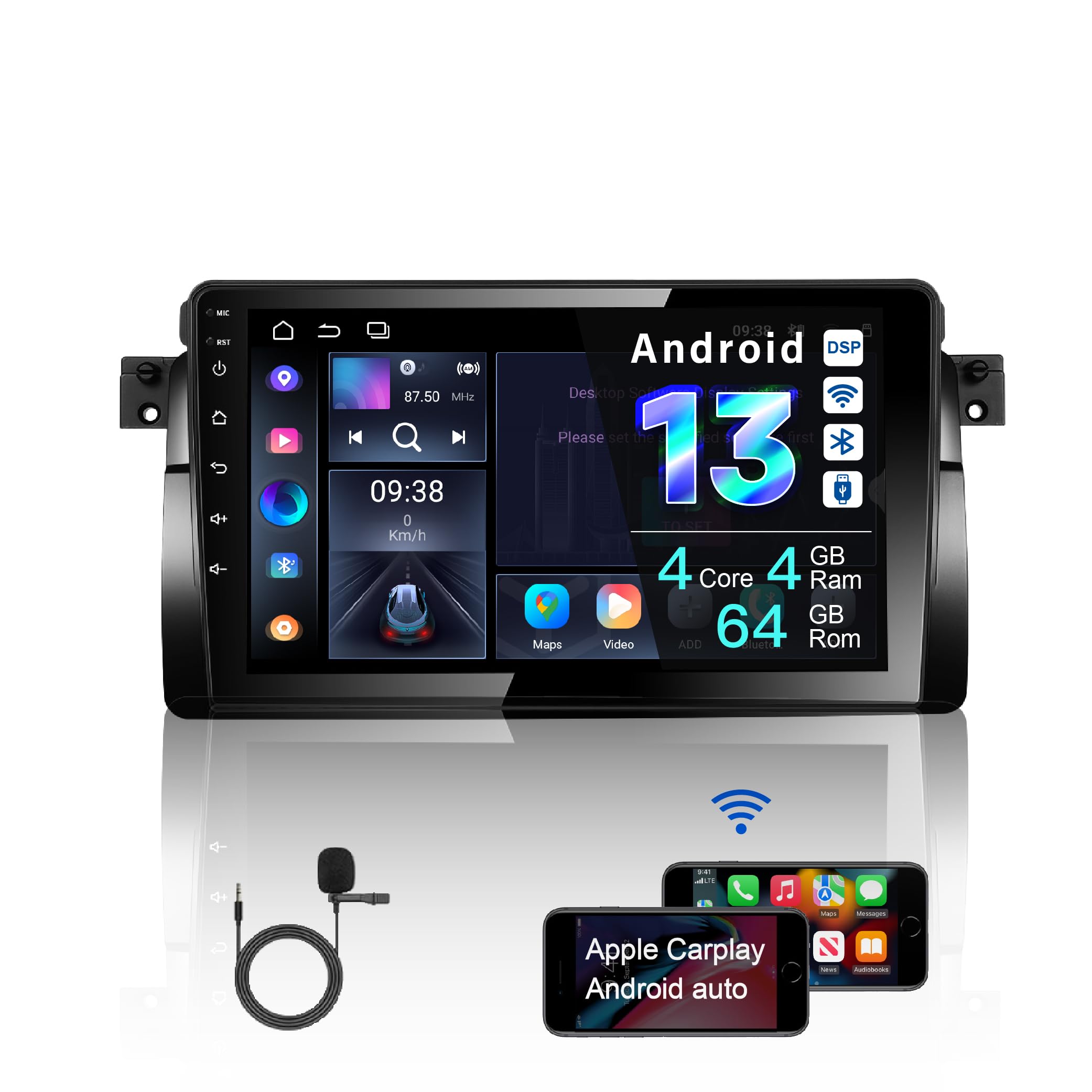 AMASE AUDIO Android 13 超薄型カーステレオ、ワイヤレスカープレイ Android Auto、DSP+、BMW E46 3 Series 1999-2004、9インチタッチスクリーン対応、GPS Navi 4G WiFi Bluetooth 5.0/リアカメラ対応