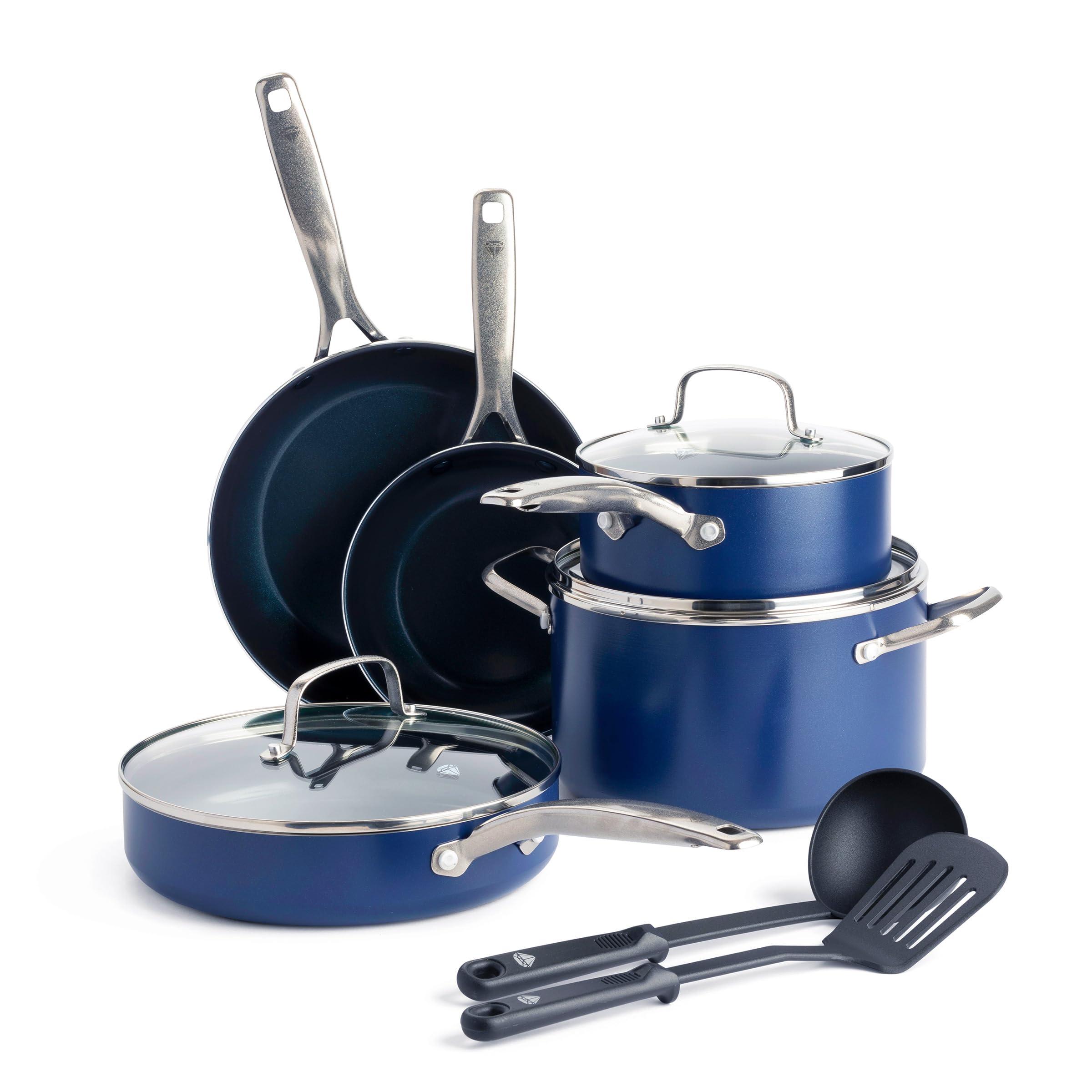 Blue Diamond(ブルーダイヤモンド) ノンスティック調理器具10点セット ダイヤモンドセラミック鍋&フライパン 食器洗い機&金属器具対応 非毒性 過フッ素化合物不使用 キッチンクッキングソース&ソテーパン オーブン&ブロイラー 華氏600度まで ブルー
