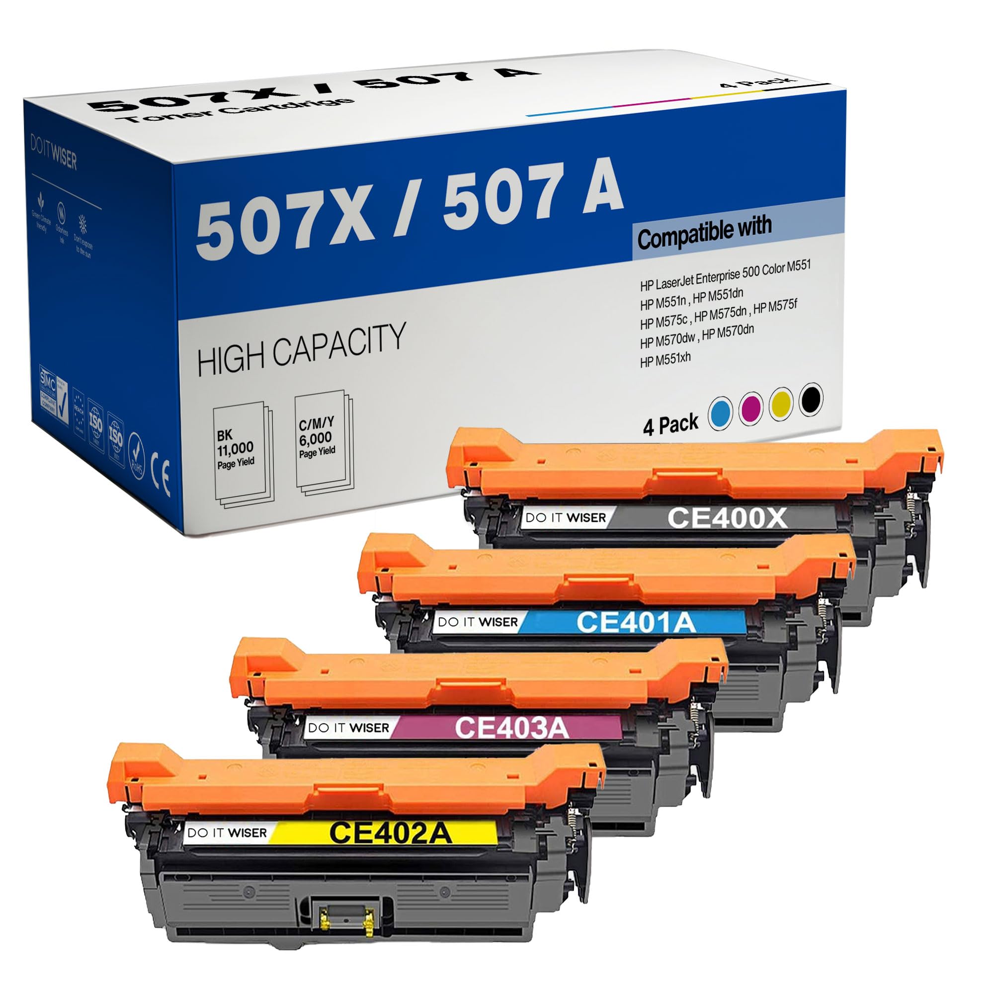 Do it Wiser 再生トナーカートリッジ 交換用 HP 507X 507A CE400X CE400A - HP Laserjet Enterprise M551n M551dn M551xh M570dw M570dn M575c M575dn プリンター (ブラック シアン マゼンタ イエロー 4パック)｜global研究所