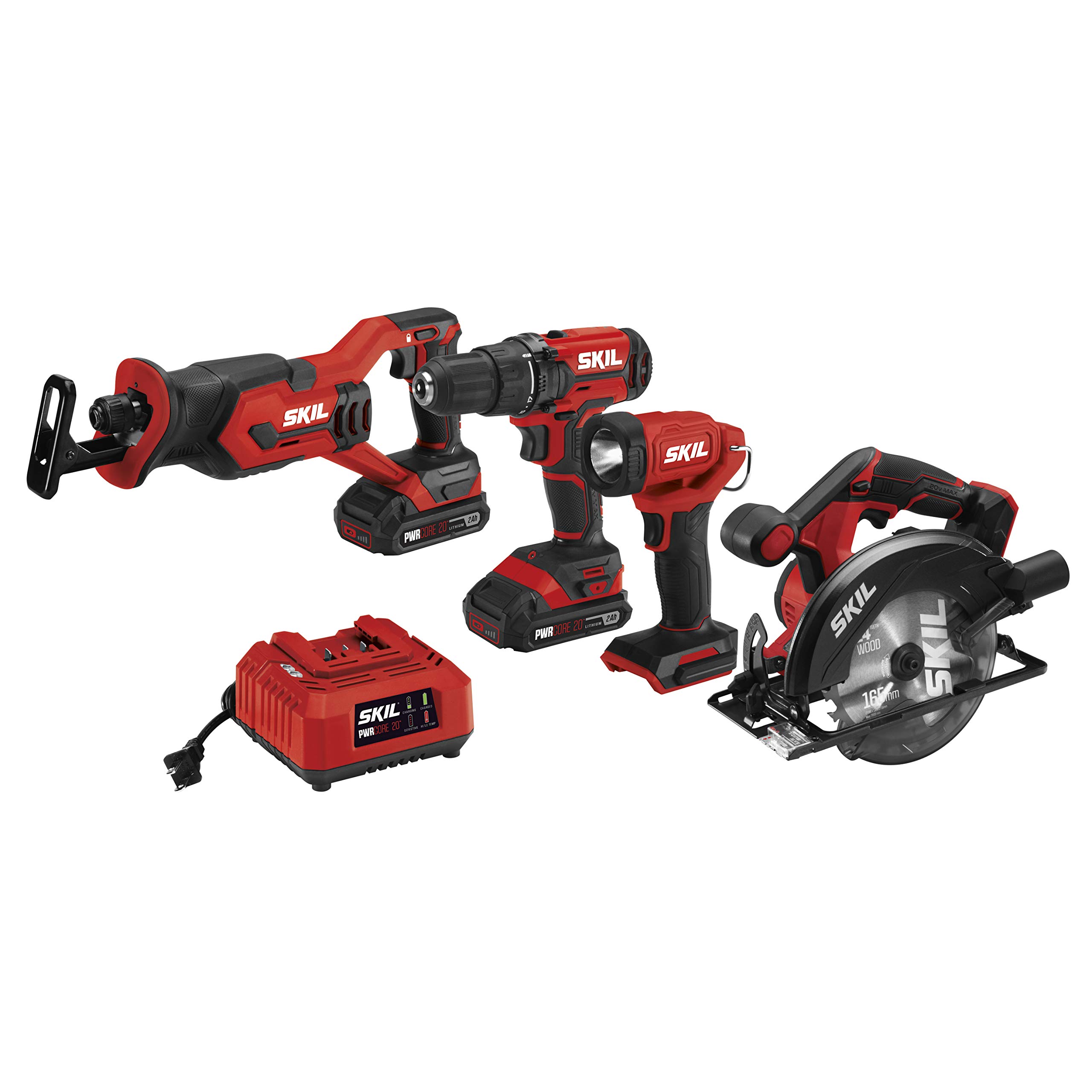 SKIL 20V 4-Tool Combo Kit: 20V Cordless Drill Driver Reciprocating Saw  Circular Saw and Spotlight  Includes Two 2.0Ah PWR CORE Lithium Batteries and One Charger - CB739701 Black  Red