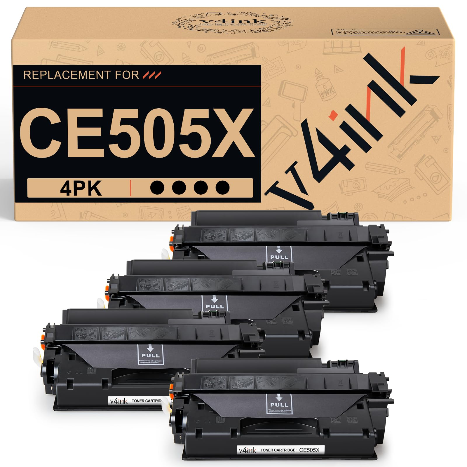 v4ink 4PK 取り替えっこトナーカートリッジ HP 05X CE505X トナーカートリッジ 黒いこと HP P2050 P2055 P2055d P2055dn P2055x Pro 400 M401n M401dne M401dw M425dn M425dw 印刷工
