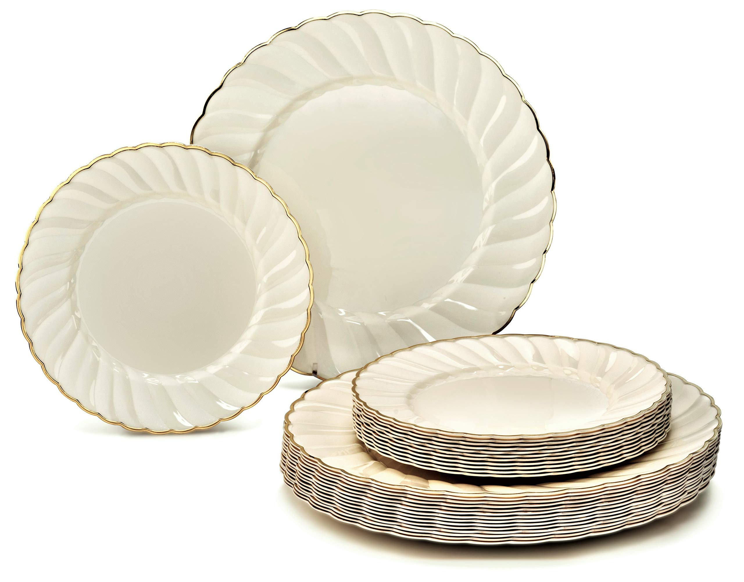 OCCASIONS 240枚パック (120人) ヴィンテージウェディングパーティー 使い捨てプラスチックプレートセット - 120 x 10.25インチ ディナー+ 120 x 7.5インチ サラダ/デザート(ブロッサムアイボリー/ゴールド)